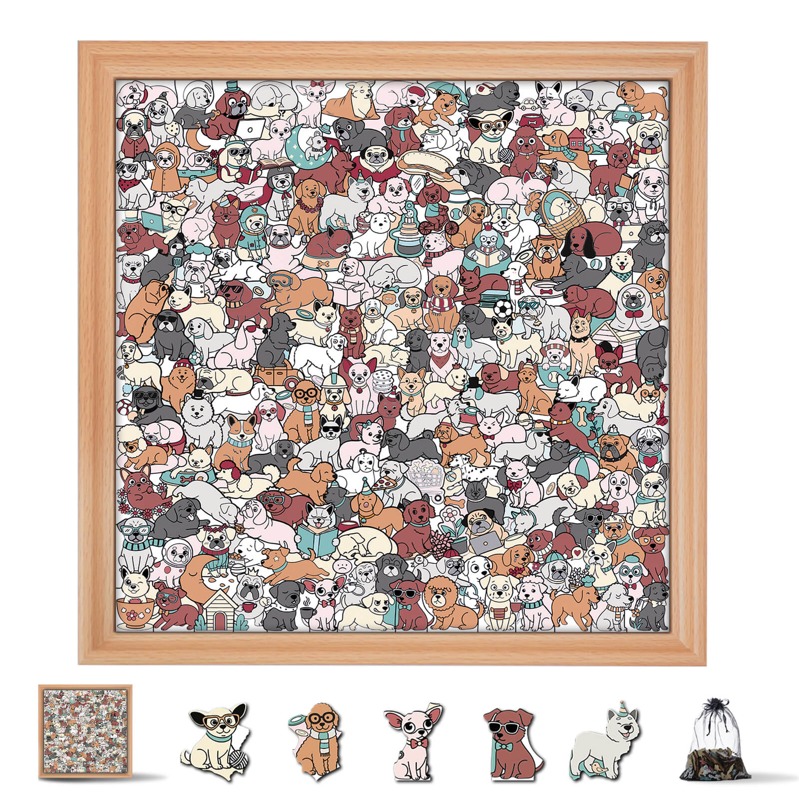 Puzzle carré en bois 195 pièces couleur Morandi en forme de chien mignon