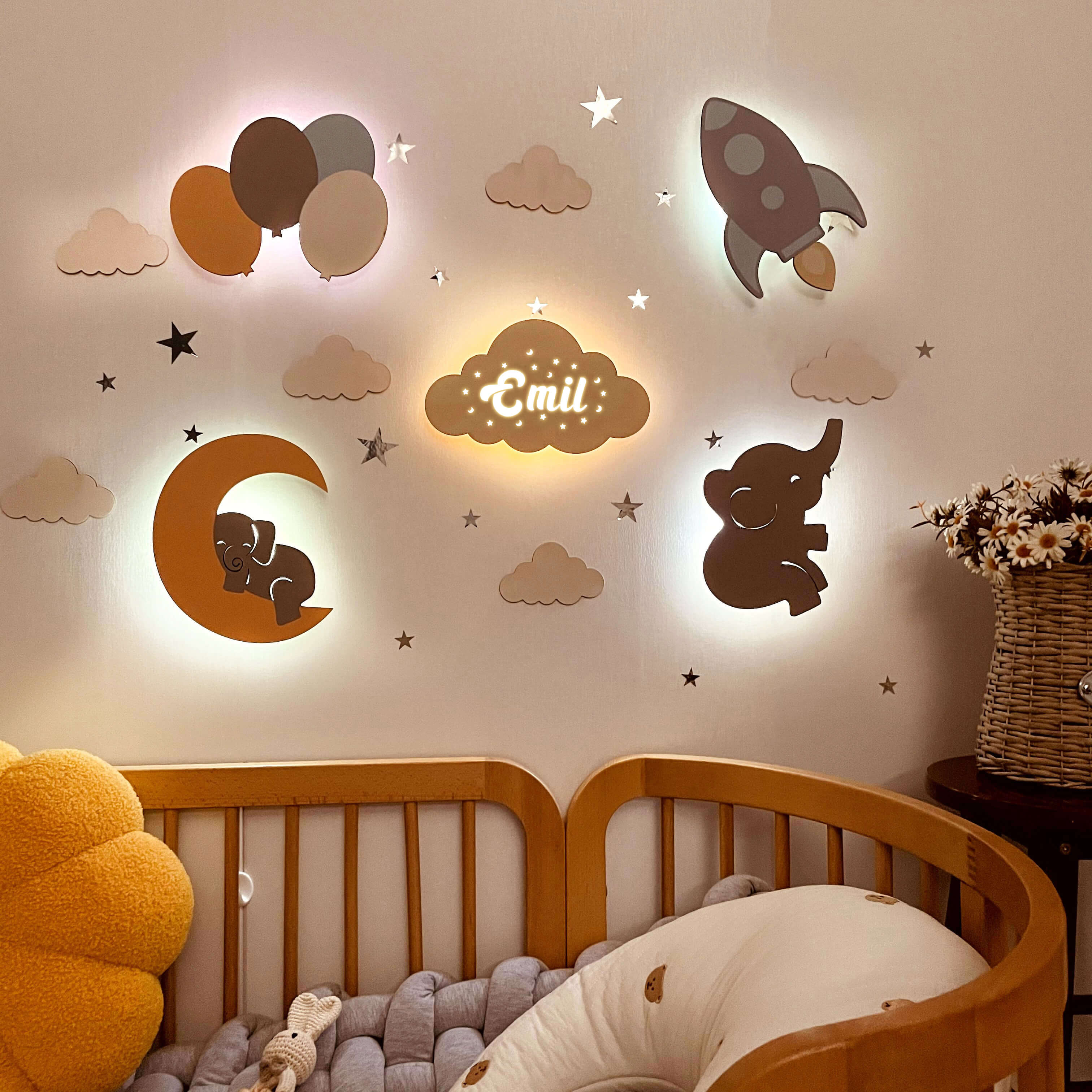 Set of 4 | Nursery Lighting , Elephant Balloons , Moon and Cloud , Kids Wall Lamp , Nursery Lamp 2024 , Baby Room Decor, Nursery Wall Lighting