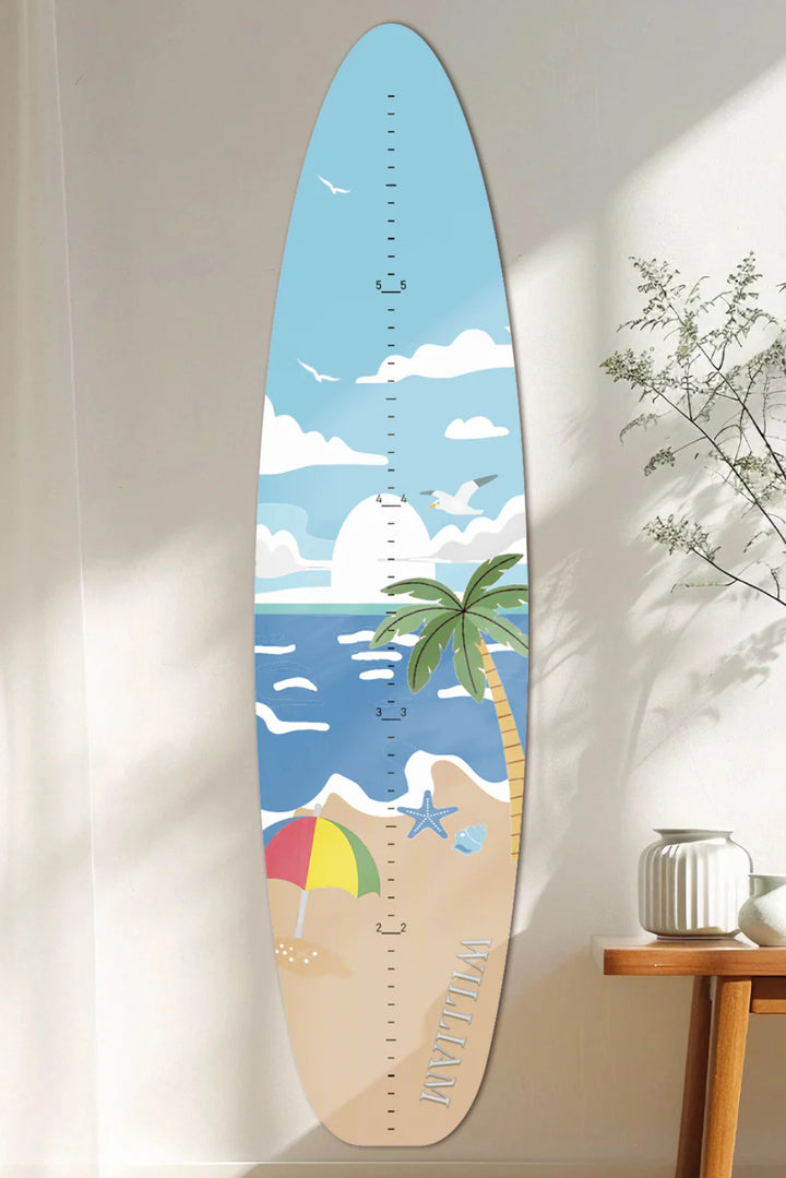 Règle de croissance personnalisée en bois en forme de planche de surf