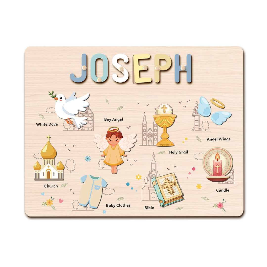 Personalized Wooden Name Puzzle - Baptism Boy Set for Toddlers