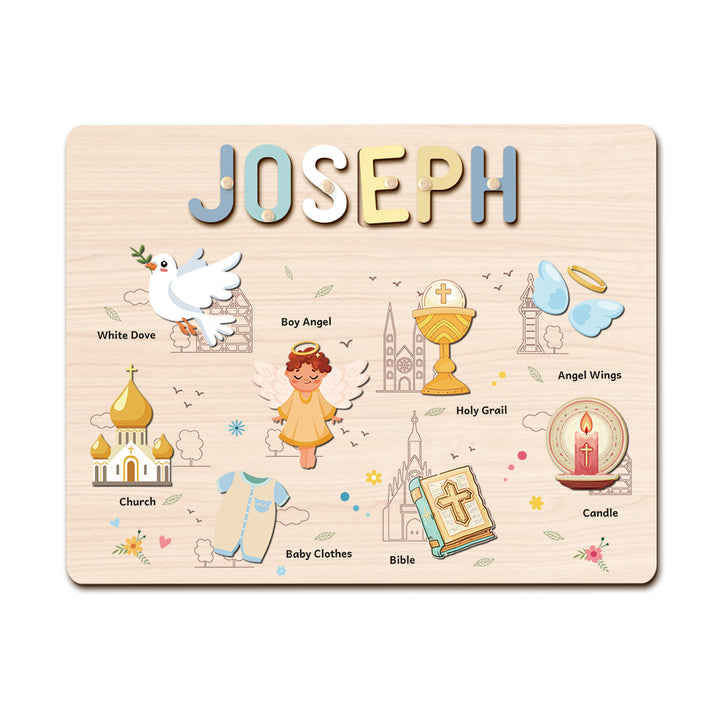 Personalized Wooden Name Puzzle - Baptism Boy Set for Toddlers