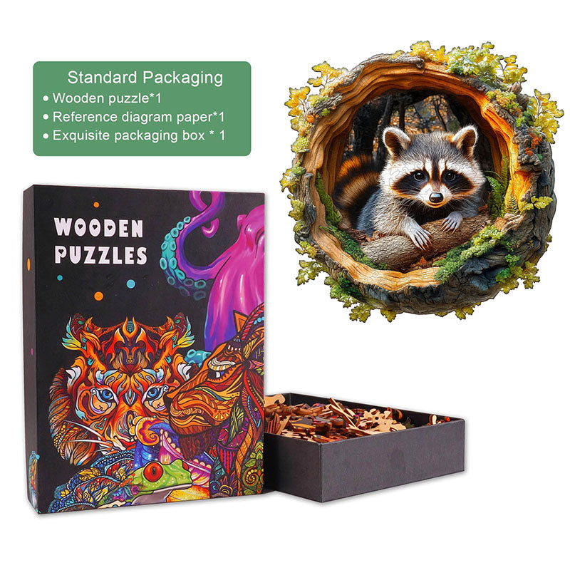 Puzzle en bois 3D Raton laveur Trou d'arbre-2