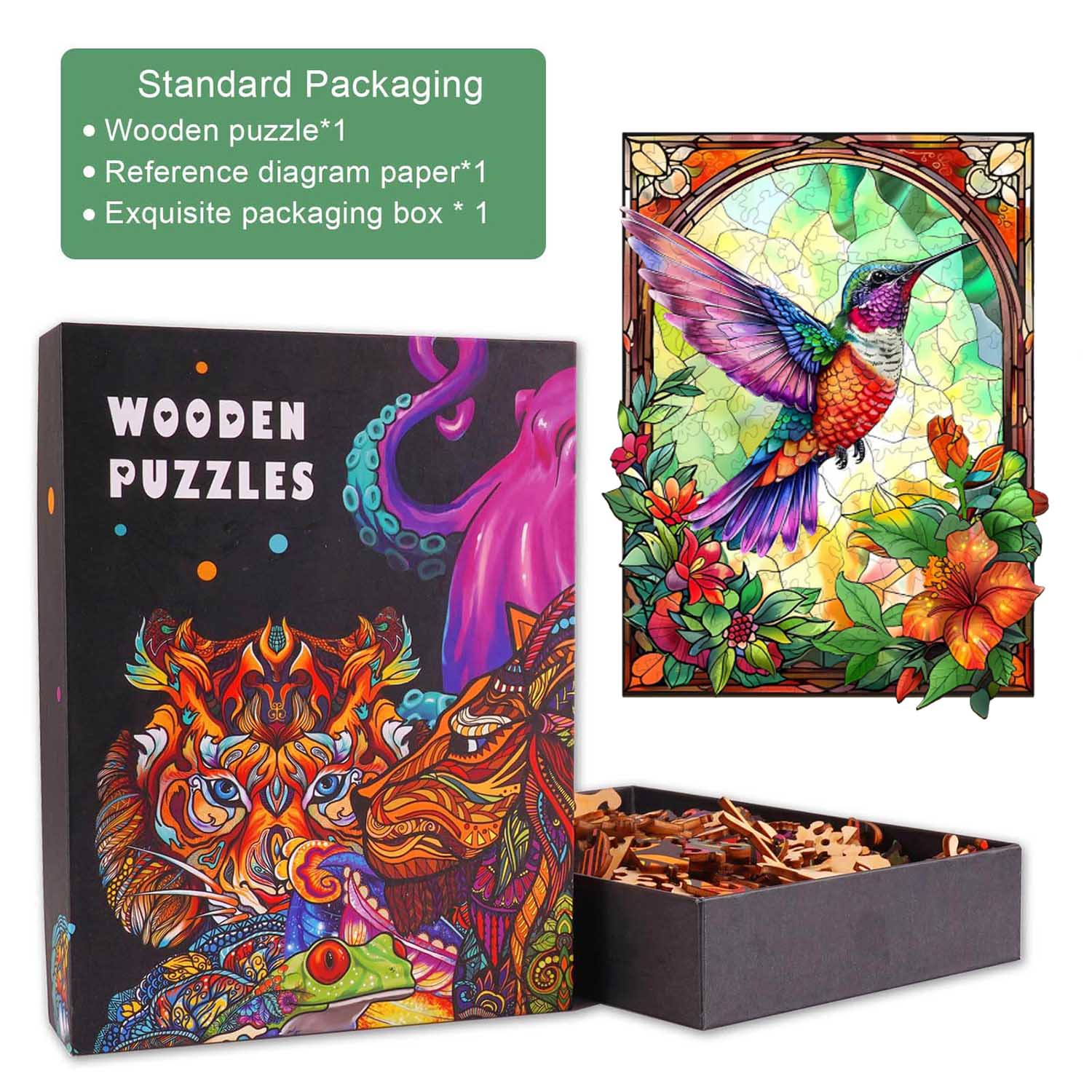 Stained Glass Hummingbird-3 Wooden Jigsaw Puzzle