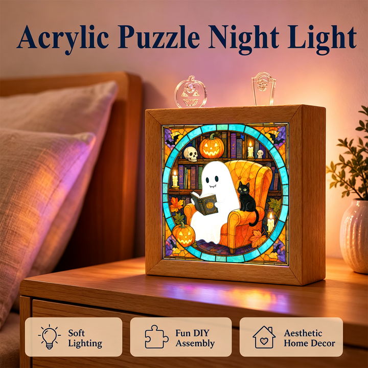 Acrylic Puzzle Night Light -Ghost Cat Reading