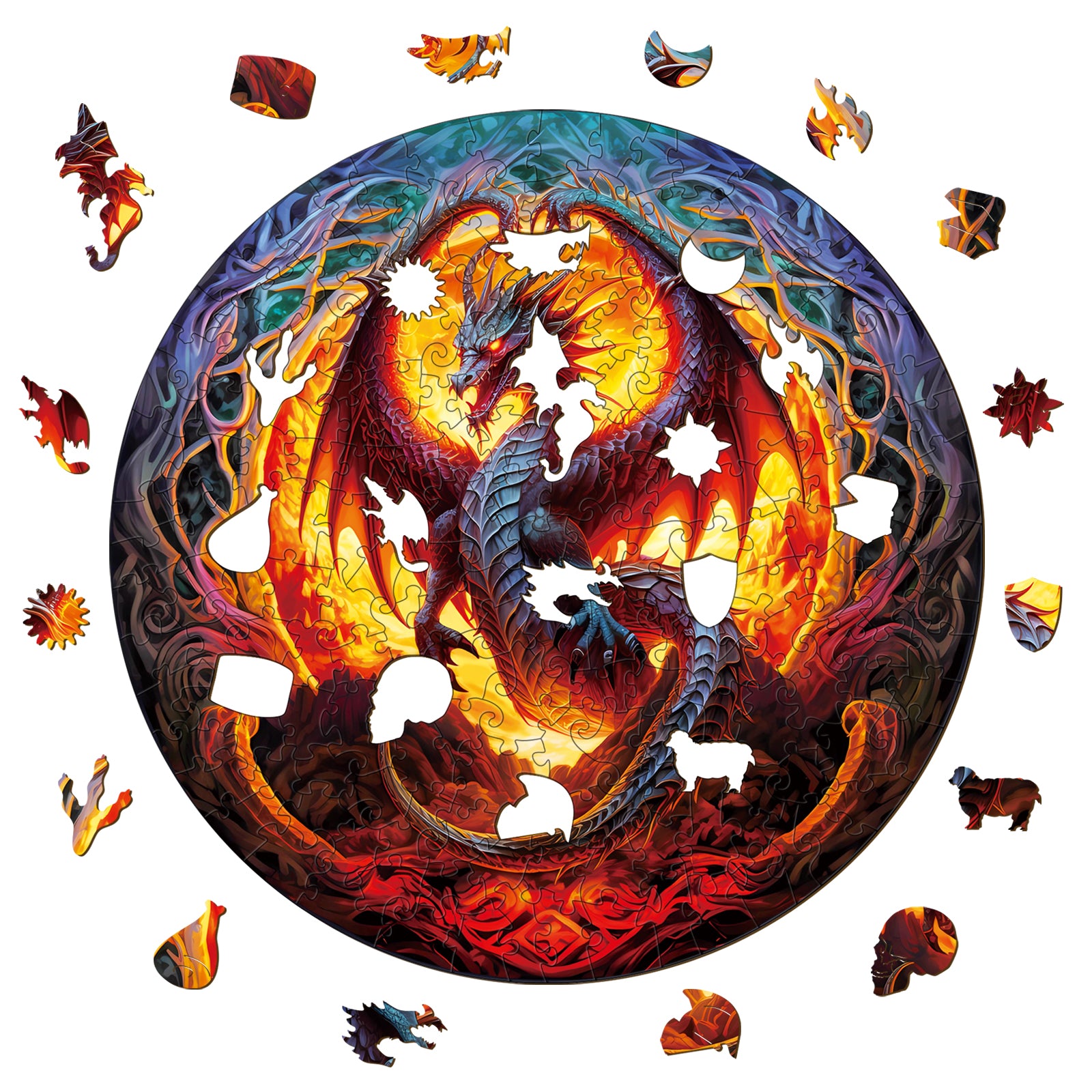 Fiery Dragon-2 Wooden Jigsaw Puzzle with colorful dragon design surrounded by puzzle pieces, ideal for mind games and focus.