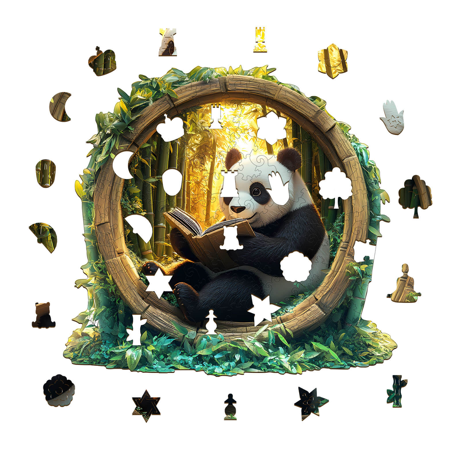 3D Bamboo Grove Panda wooden jigsaw puzzle featuring a panda reading in a bamboo grove, designed for mind games and focus.