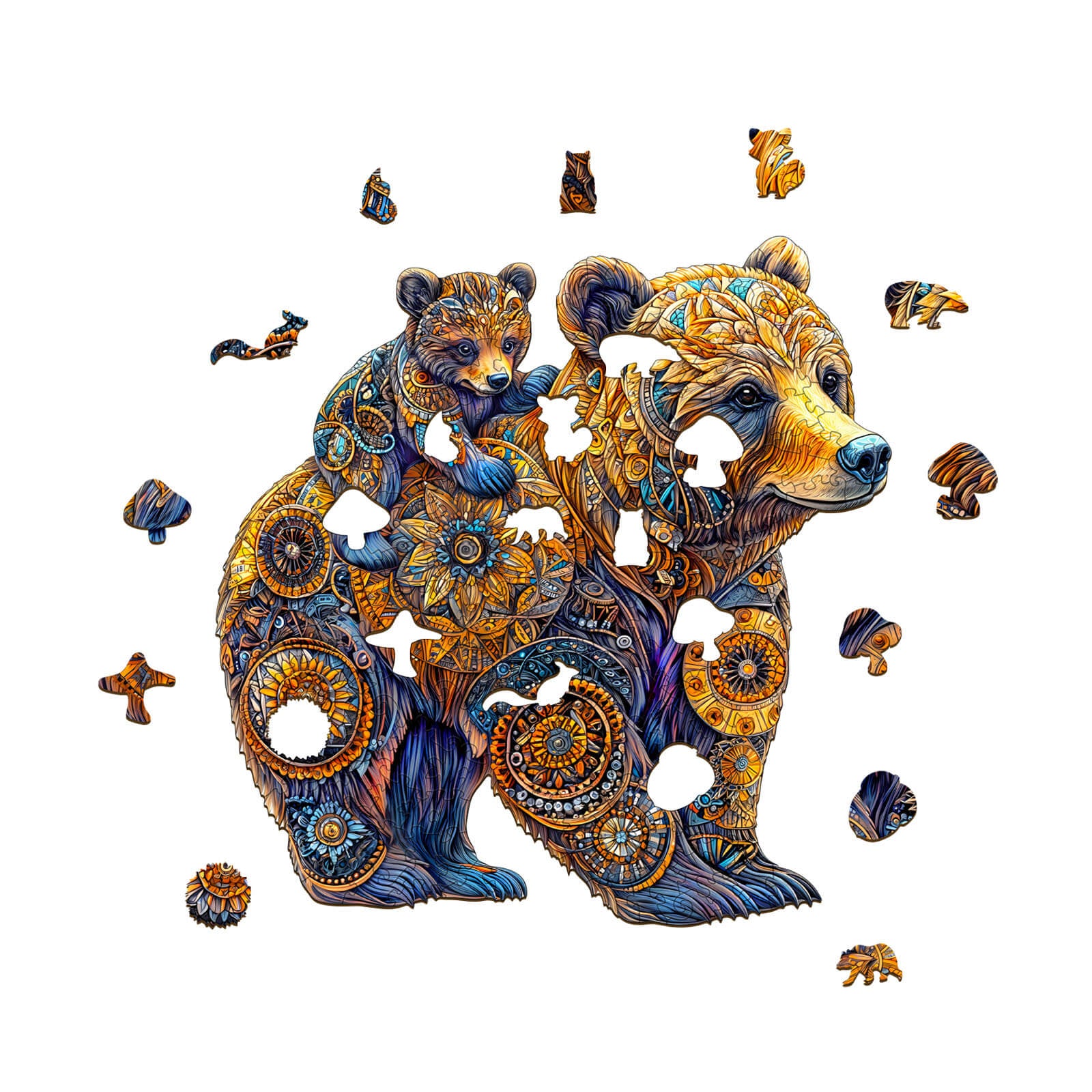 Colorful Mother Bear and cub wooden jigsaw puzzle pieces designed for mental focus and brain games.