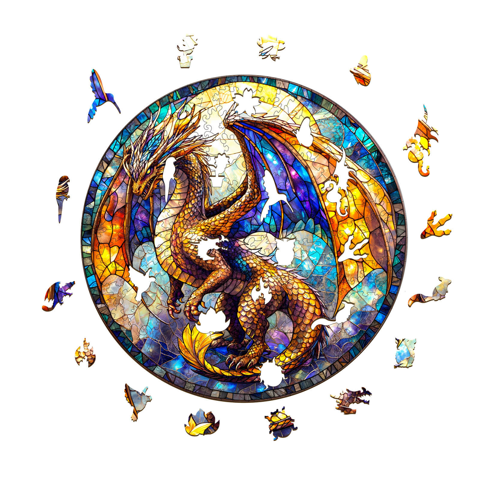 Stained glass wooden jigsaw puzzle featuring a golden dragon in vibrant colors and intricate details.
