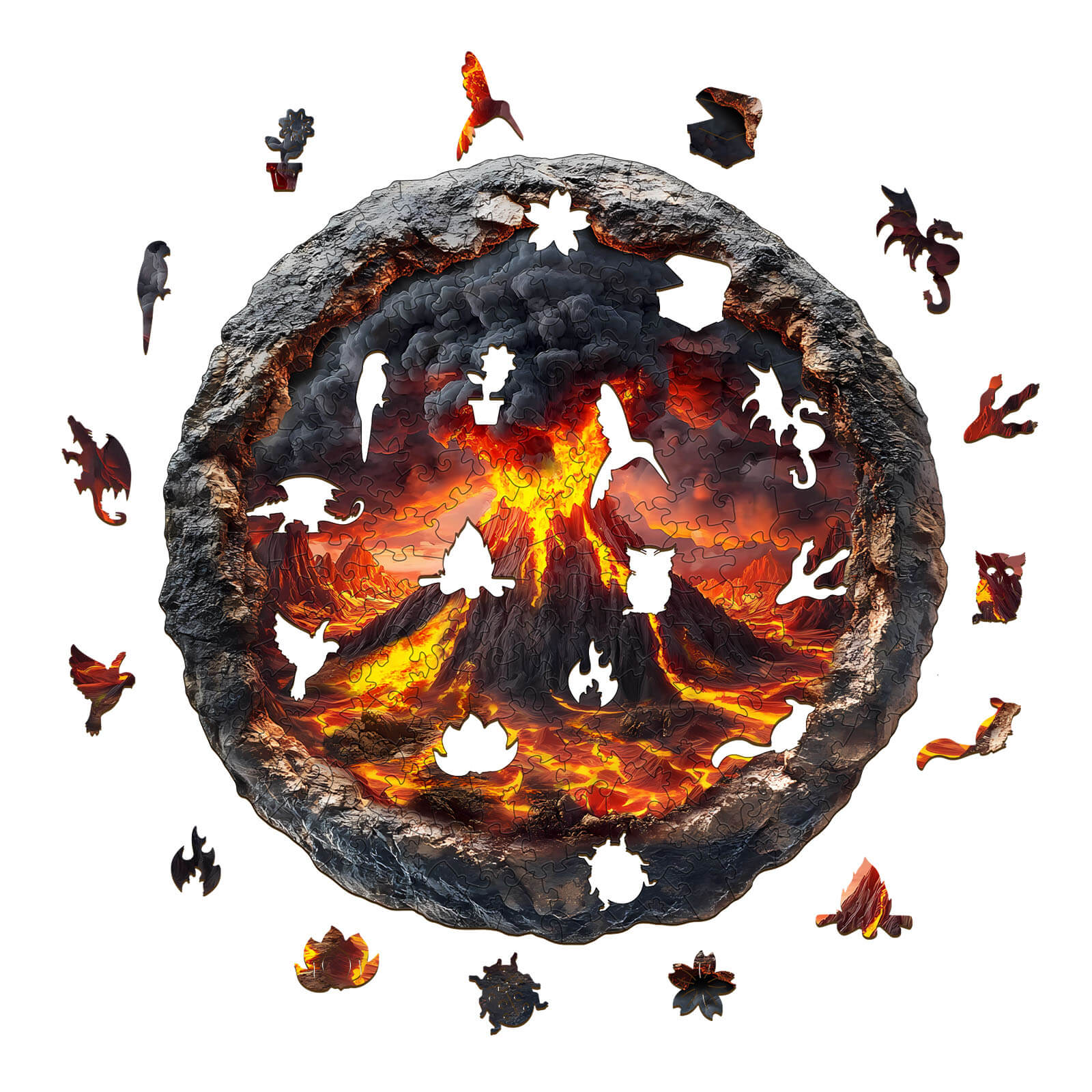 3D Volcanic Eruption Wooden Jigsaw Puzzle with fiery volcano scene and unique cut-out pieces, great for brain development.
