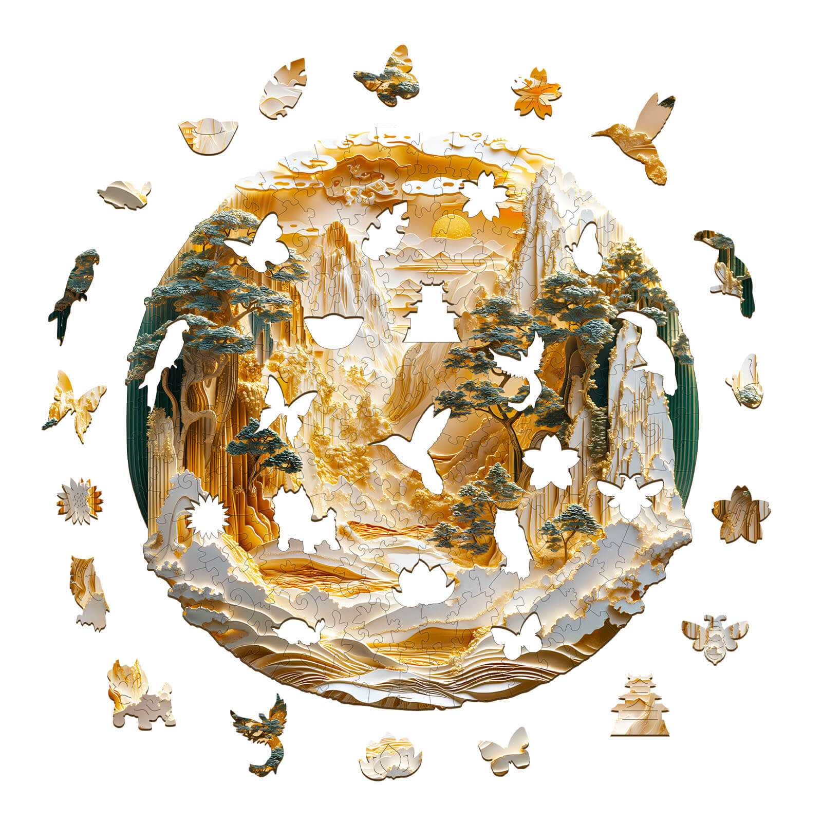 3D Golden Mountains wooden jigsaw puzzle featuring intricate wildlife shapes, enhancing focus and smart thinking.