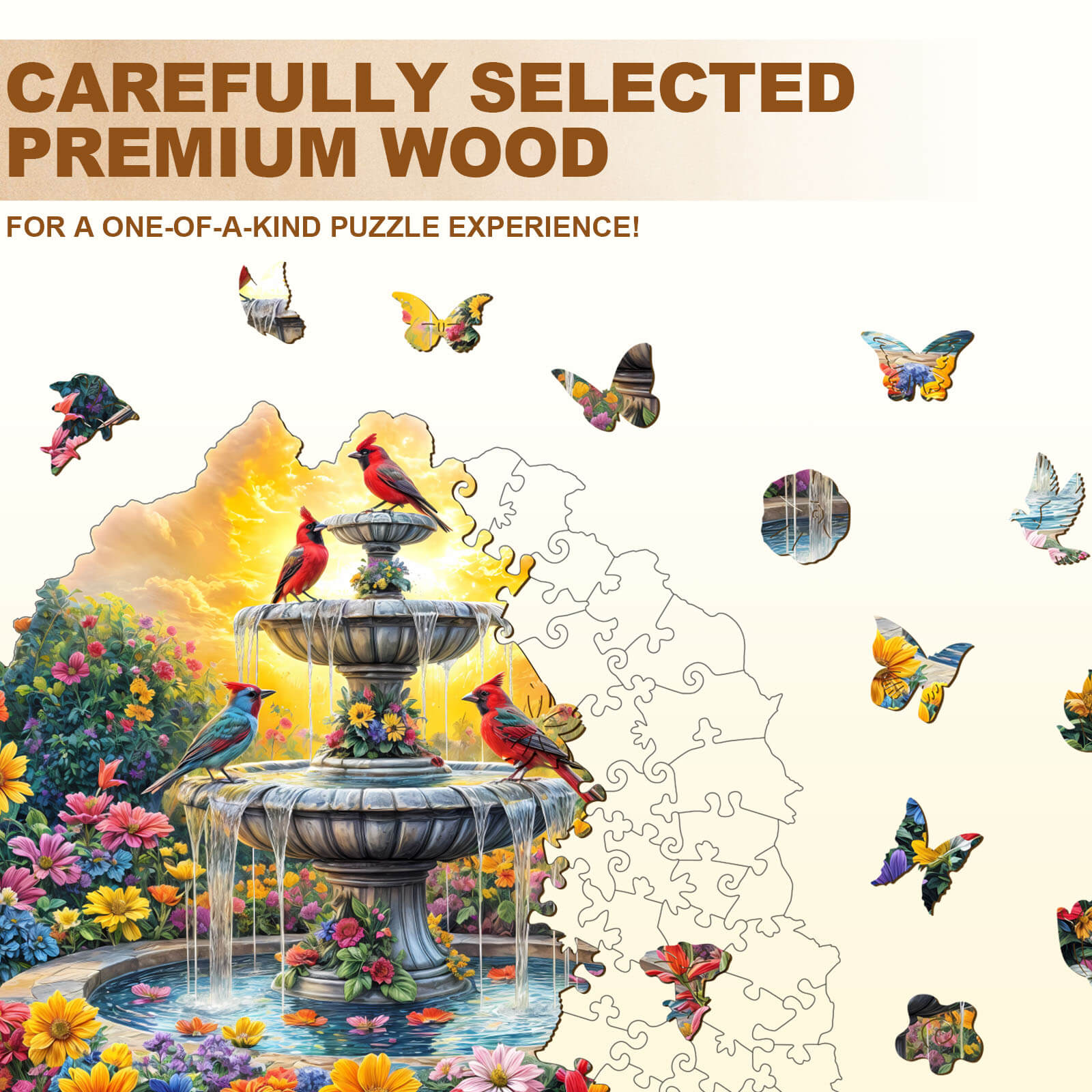 Songbird's Garden wooden jigsaw puzzle featuring vibrant colors, birds, and a fountain for an engaging mind game experience.