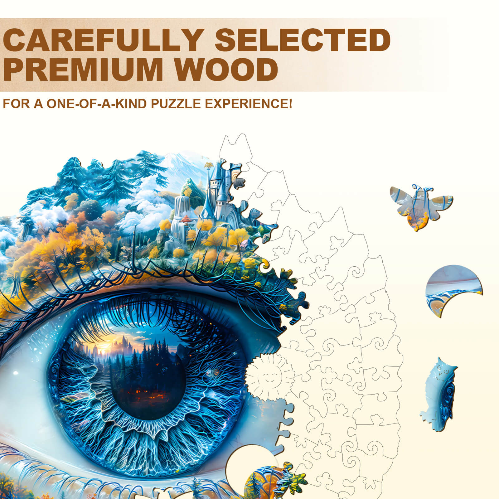 Eye of Nature wooden jigsaw puzzle featuring intricately designed eye and landscape, crafted from premium wood.