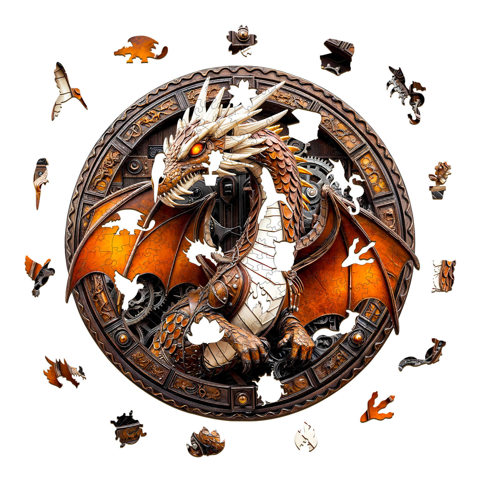 3D Mechanical Dragon-2 wooden jigsaw puzzle pieces surrounding a detailed dragon image, ideal for puzzle enthusiasts.