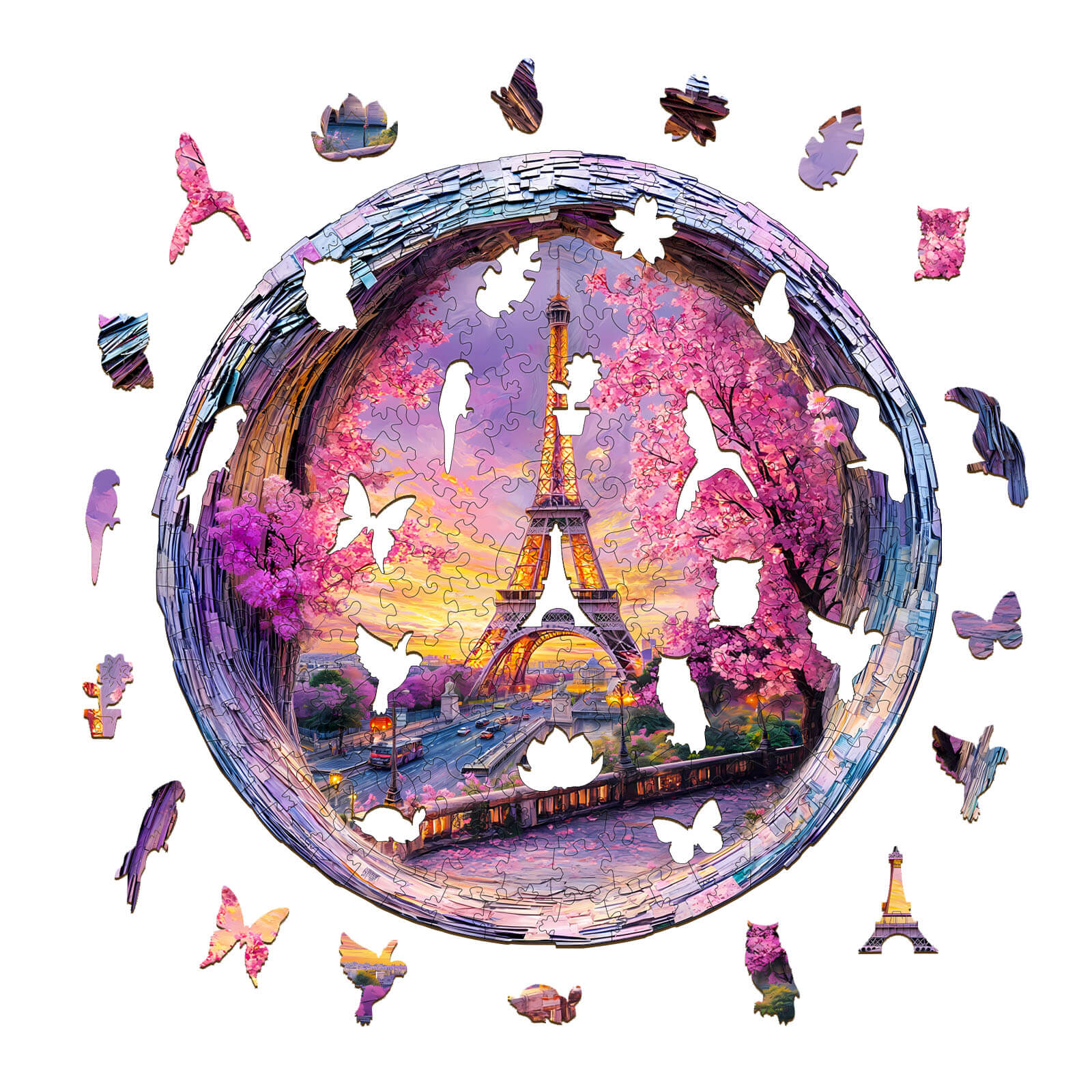 3D Four Seasons in Paris wooden jigsaw puzzle featuring the Eiffel Tower and colorful butterflies.