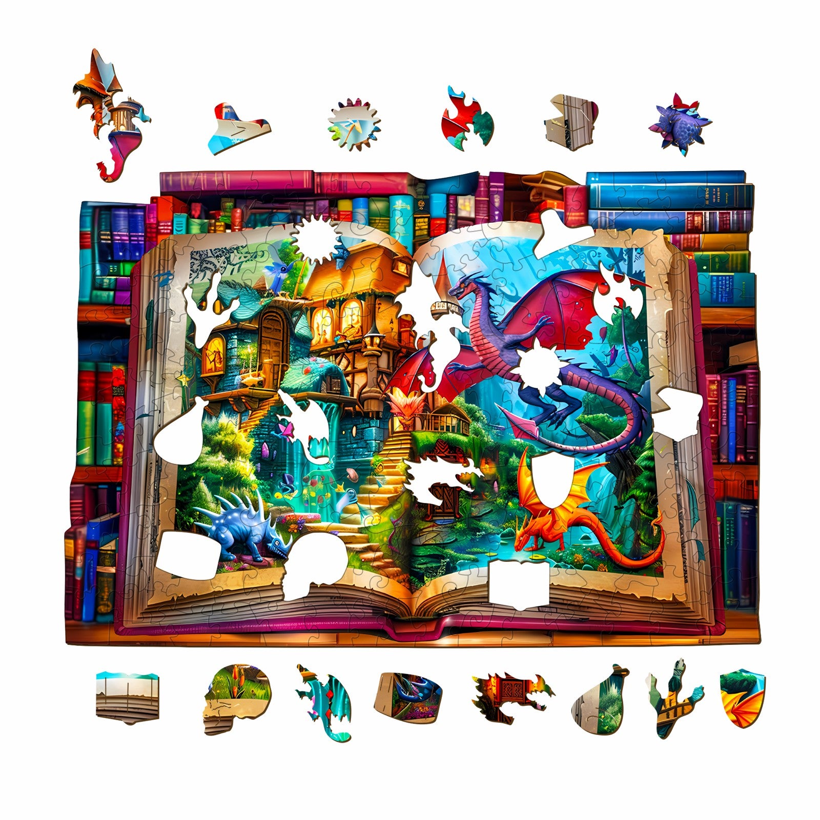 Colorful wooden jigsaw puzzle depicting a fantasy book scene with dragons and mystical creatures.