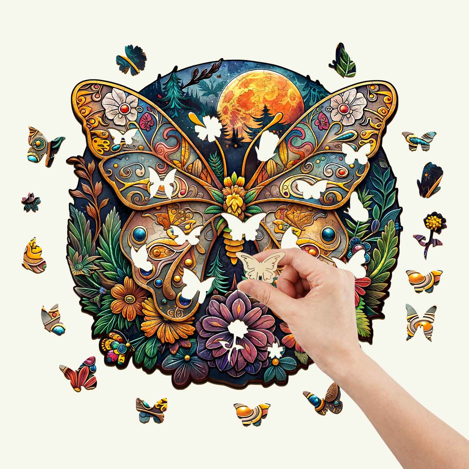 Vibrant Ancient Butterfly-1 wooden jigsaw puzzle with a hand placing a piece, showcasing colorful designs and floral elements.