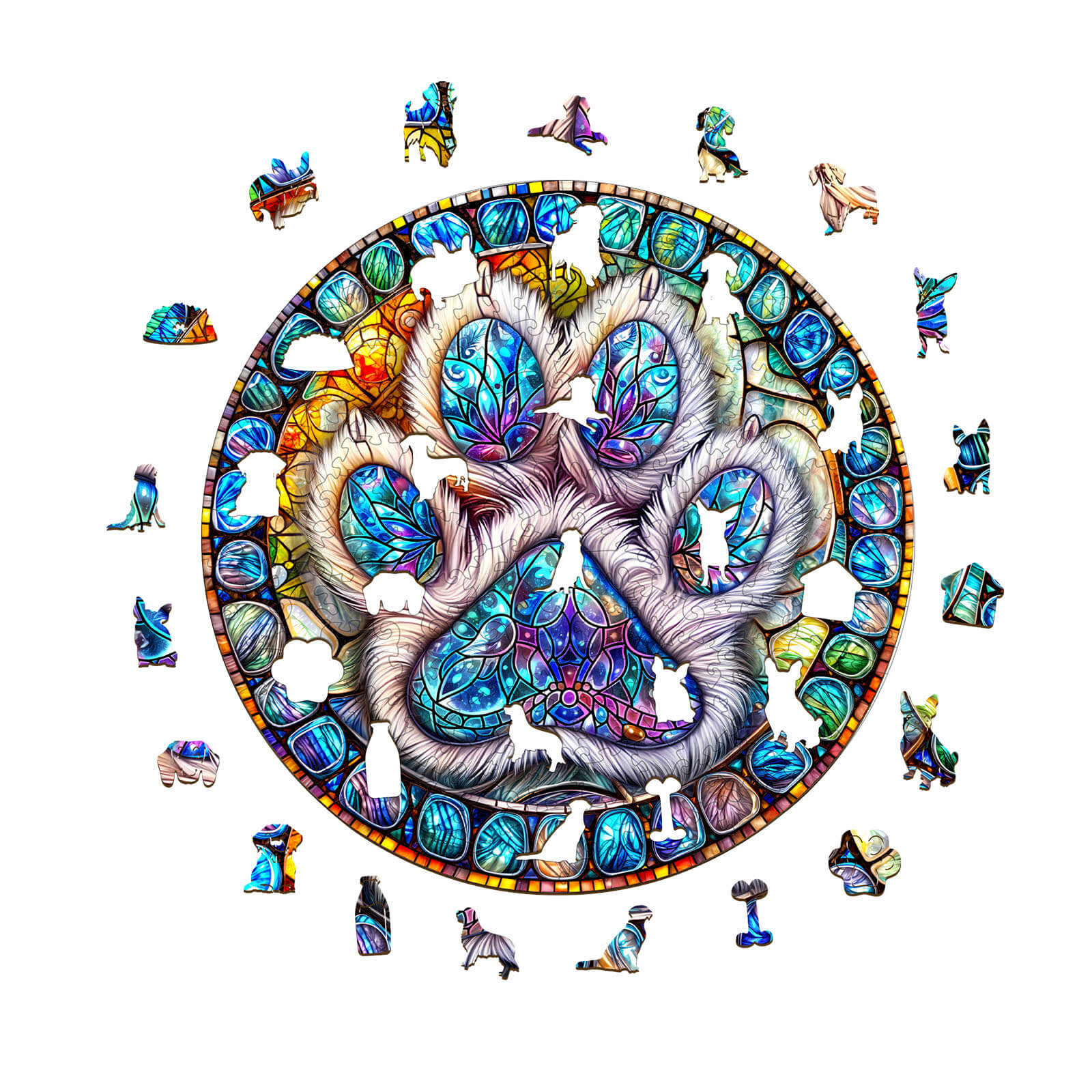 Stained glass paw prints wooden jigsaw puzzle featuring vibrant colors and intricate designs for mind games.