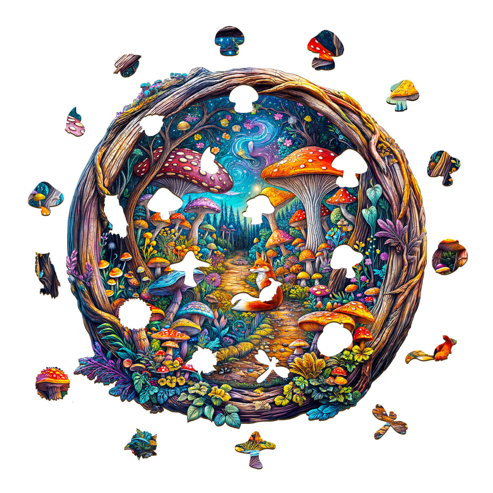 Colorful 3D Mushroom Forest Wooden Jigsaw Puzzle pieces with forest scene and fox, ideal for mind games and focus enhancement.