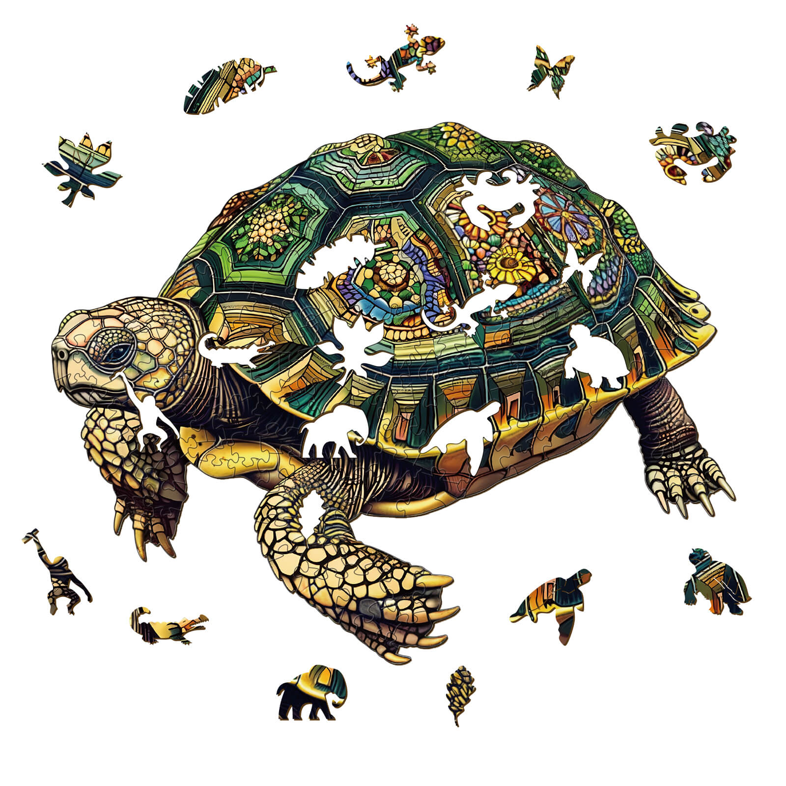 Wise Turtle Wooden Jigsaw Puzzle featuring vibrant artwork and playful animal shapes, perfect for brain-teasing fun.