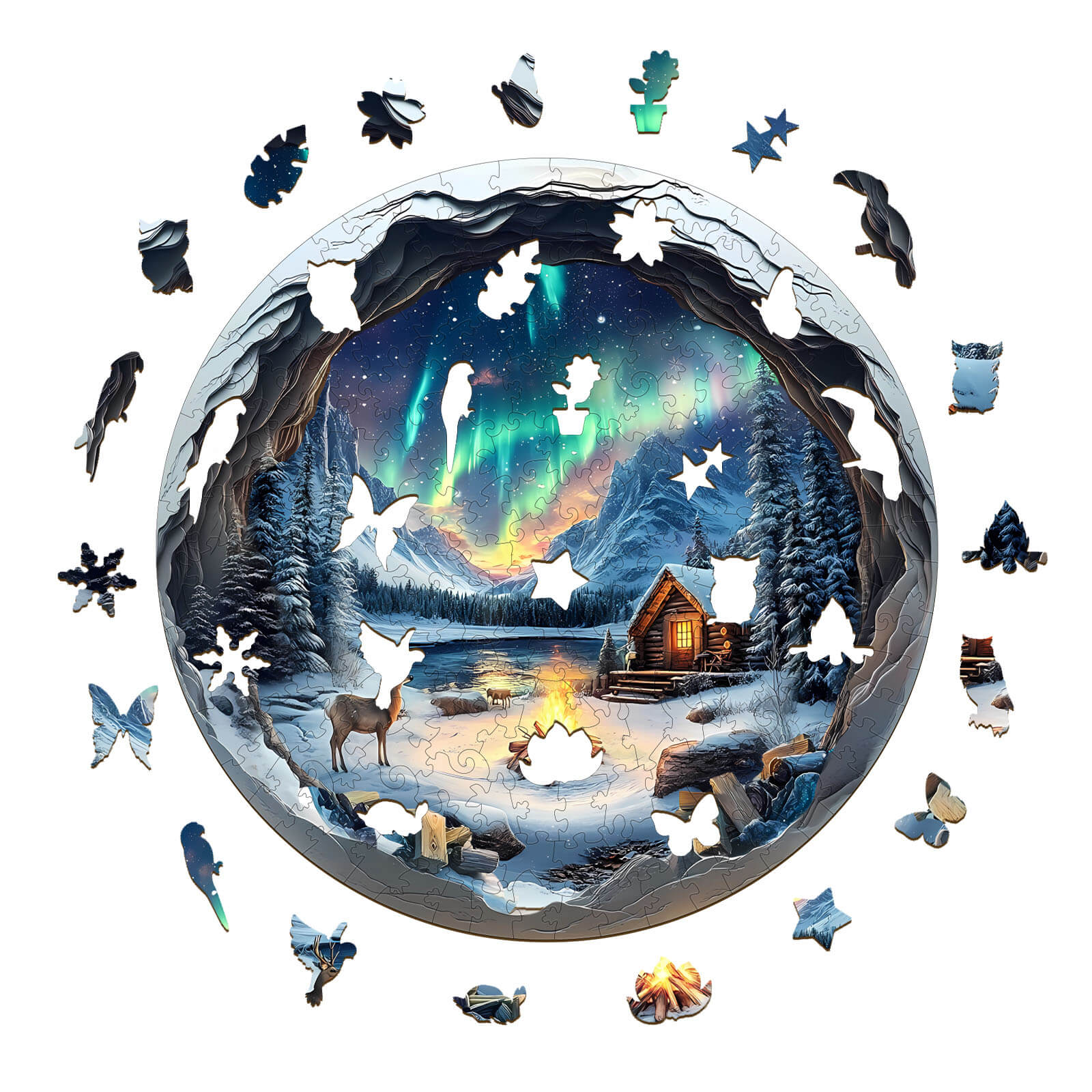3D Aurora World Wooden Jigsaw Puzzle featuring the Northern Lights and intricate wildlife design.