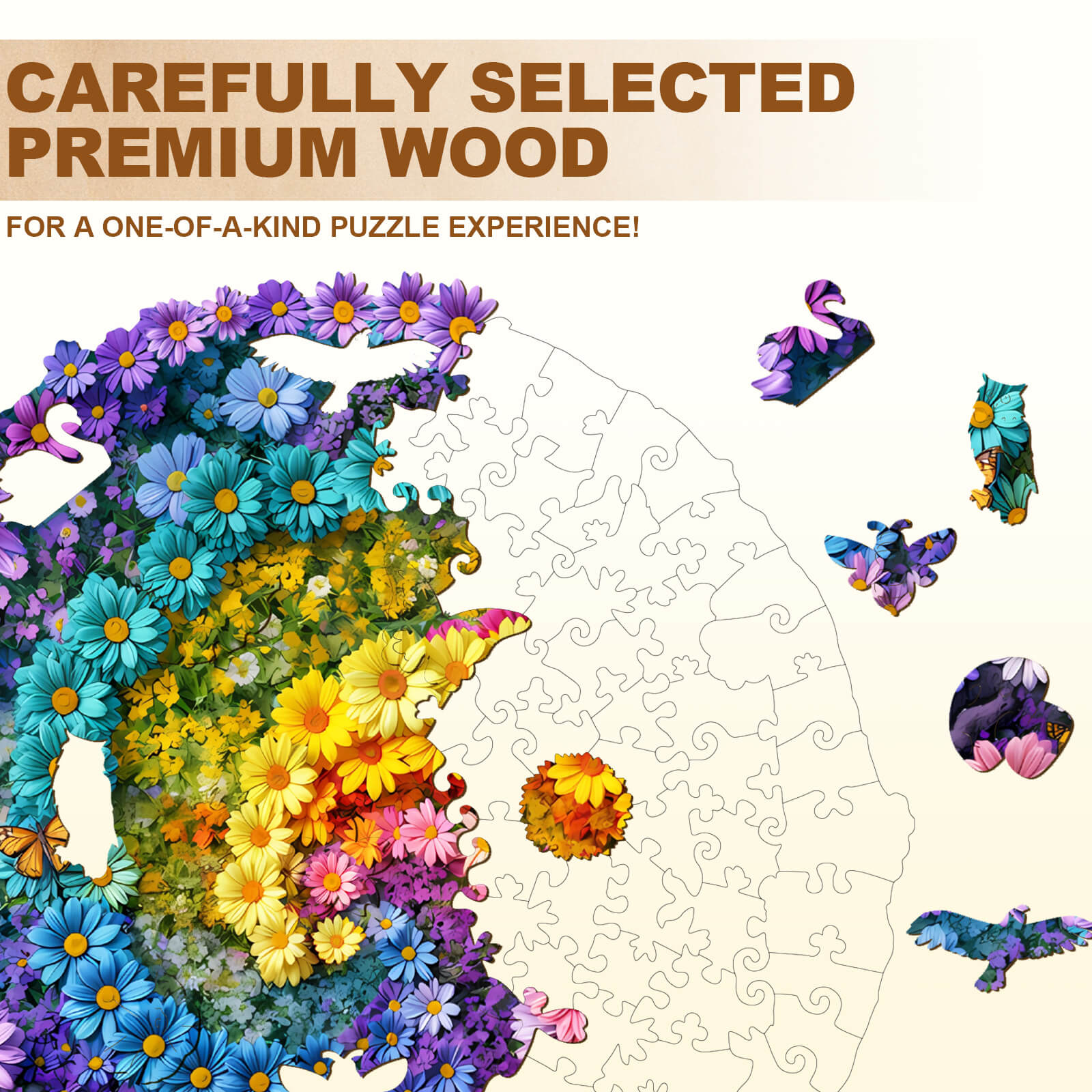 Premium wooden jigsaw puzzle featuring a vibrant sea of flowers, perfect for enhancing focus and cognitive skills.