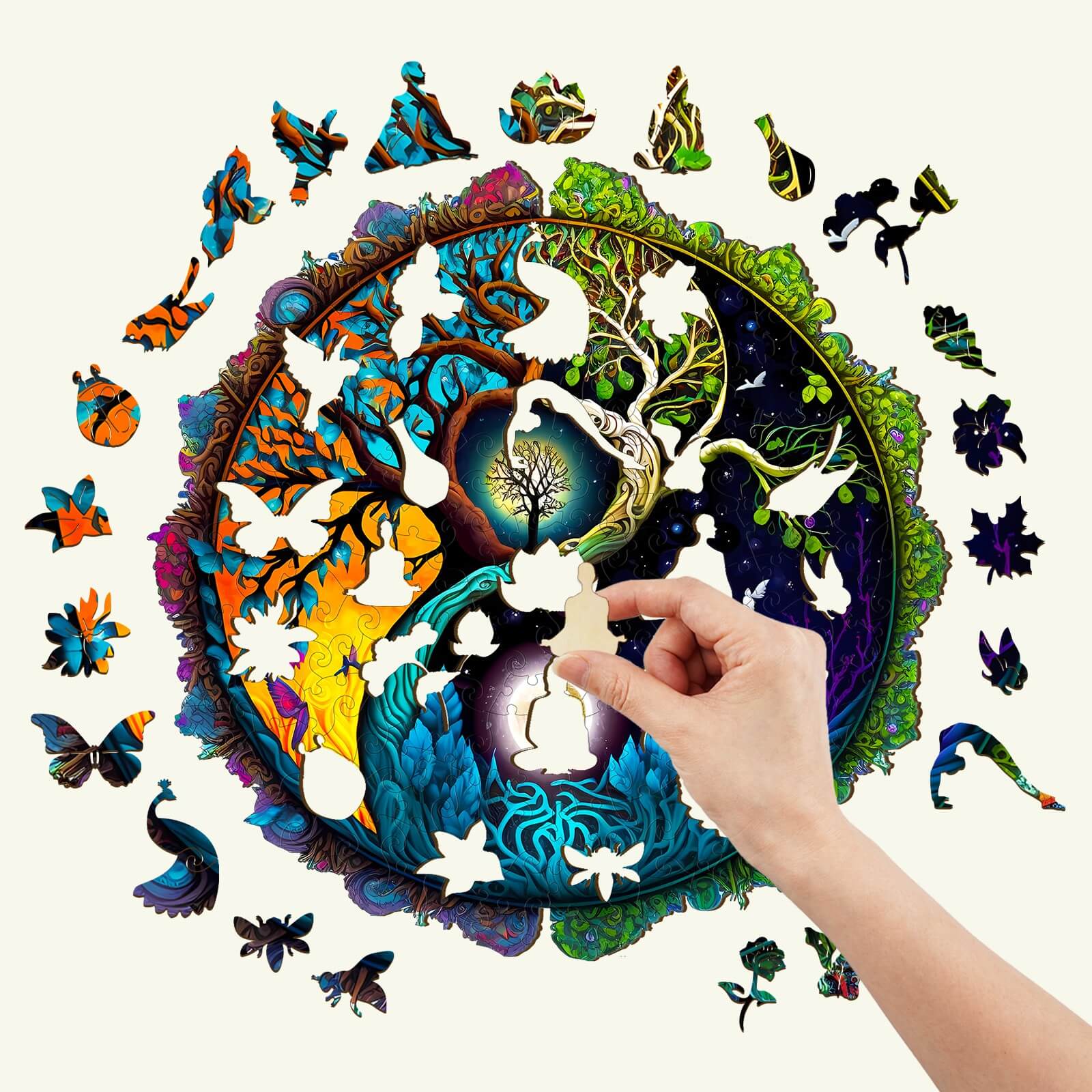 Hand placing a unique piece into a colorful Yin Yang and Tree of Life wooden jigsaw puzzle.