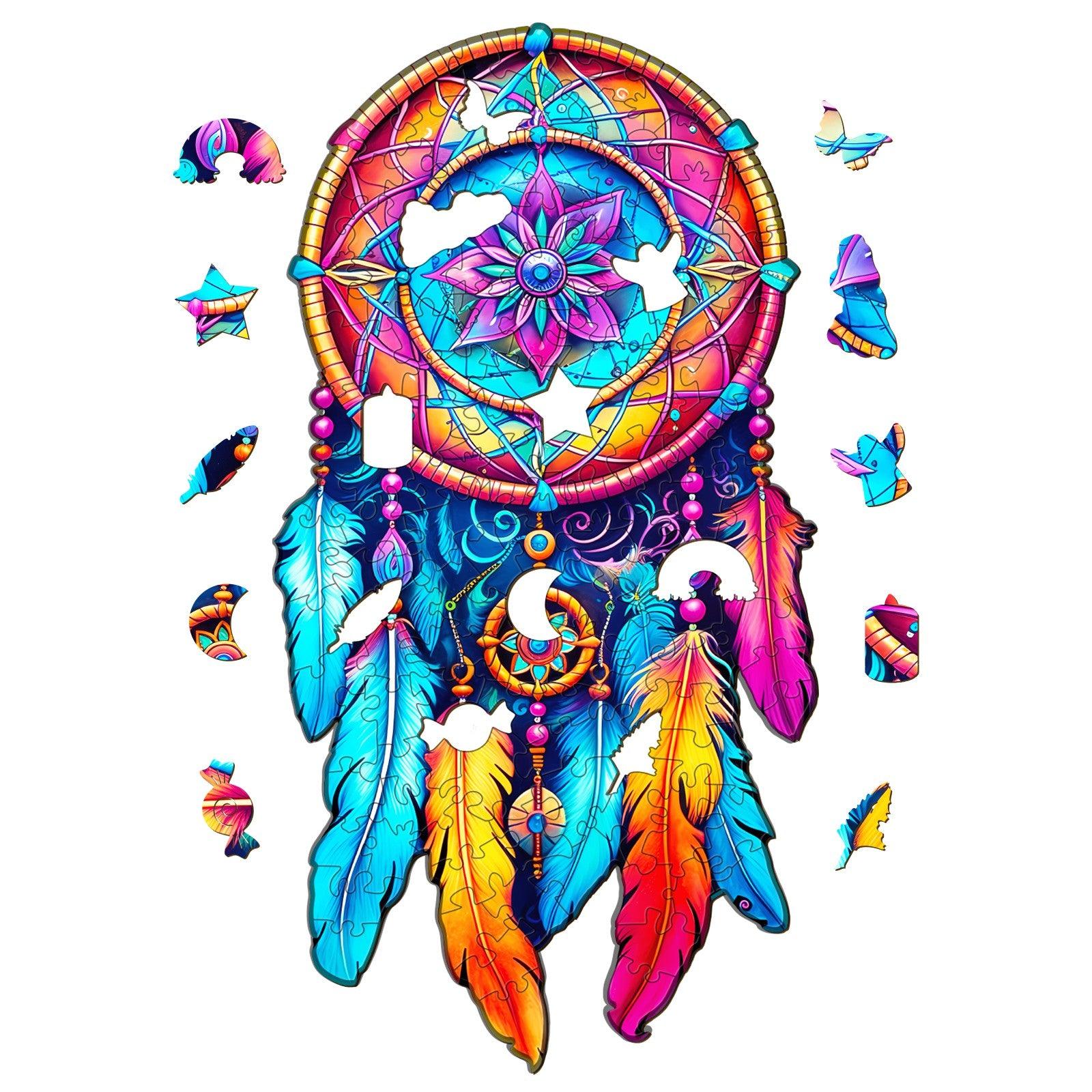 Colorful mandala dream catcher wooden jigsaw puzzle with vibrant feathers and mystical designs.