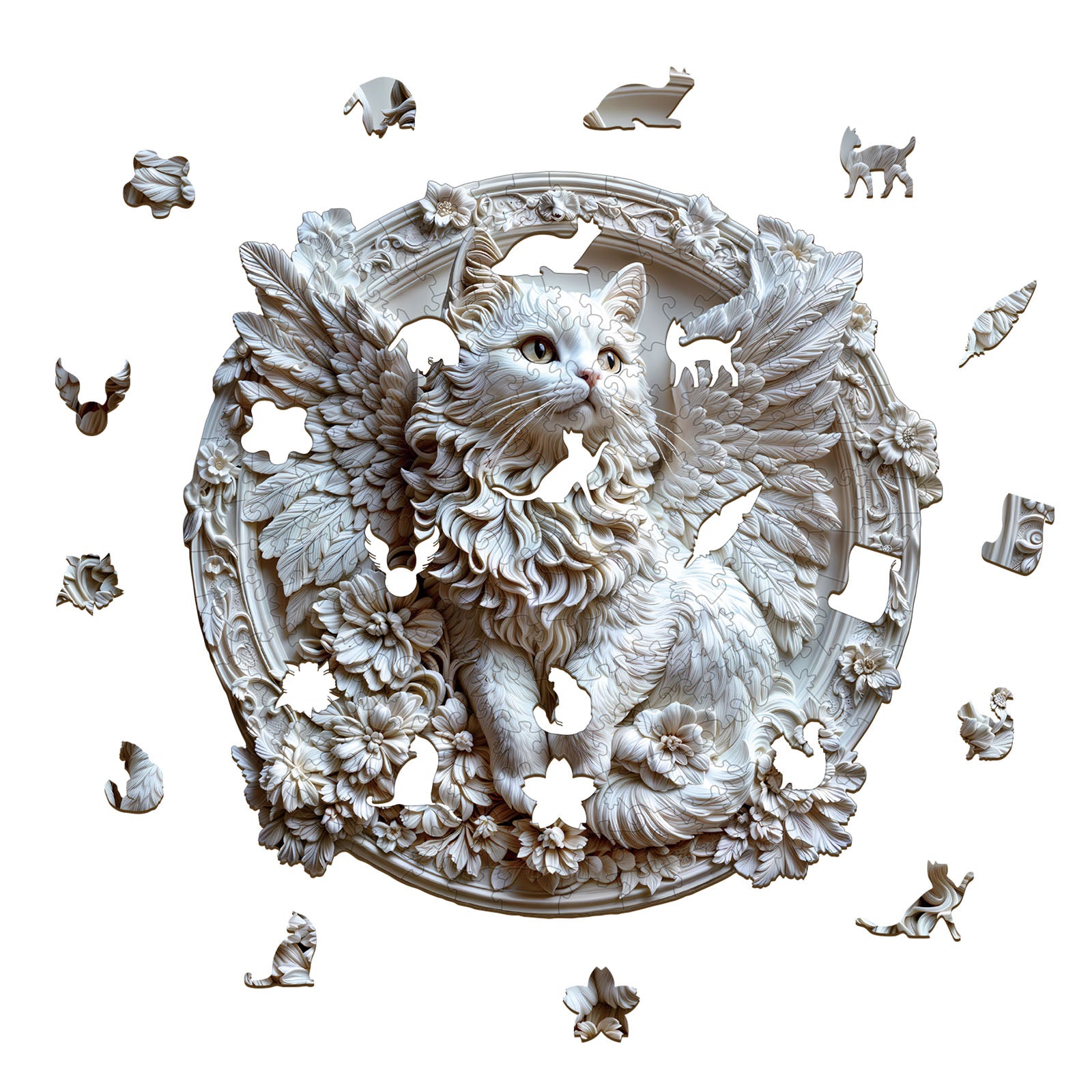 3D angel cat wooden jigsaw puzzle with intricate floral design, promoting focus and mind engagement through puzzle solving.
