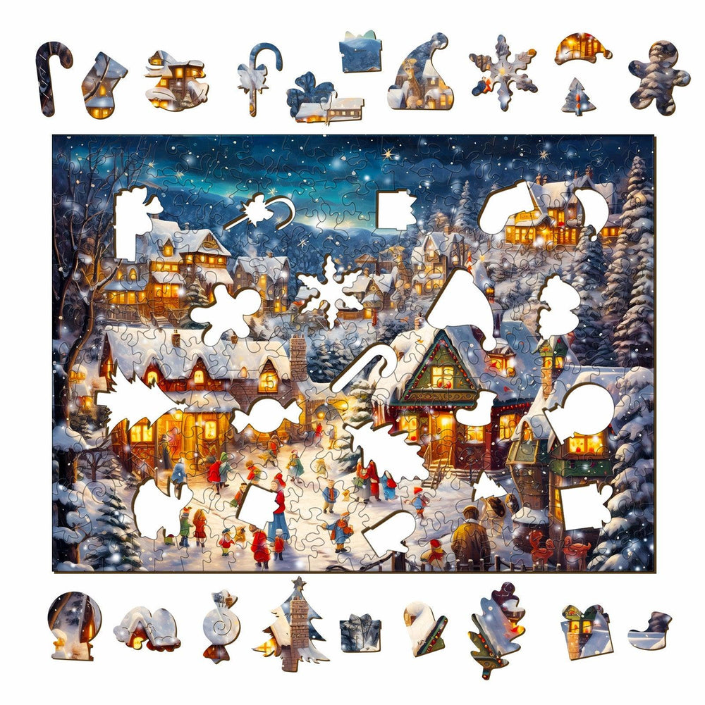 Lively Snowy Night Wooden Jigsaw Puzzle-Woodbests