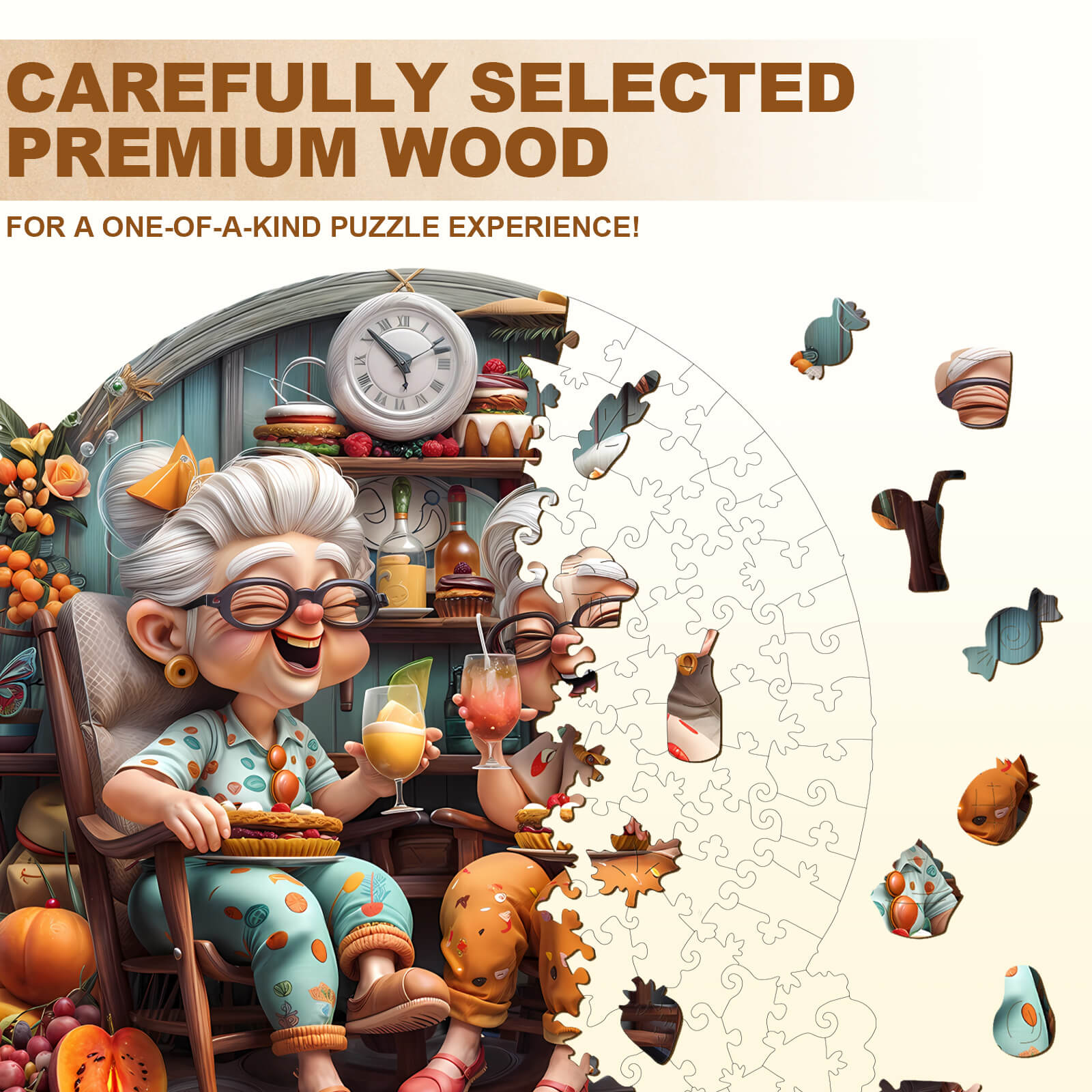 Grandma's Party wooden jigsaw puzzle featuring premium wood pieces and a cheerful grandma enjoying her time.