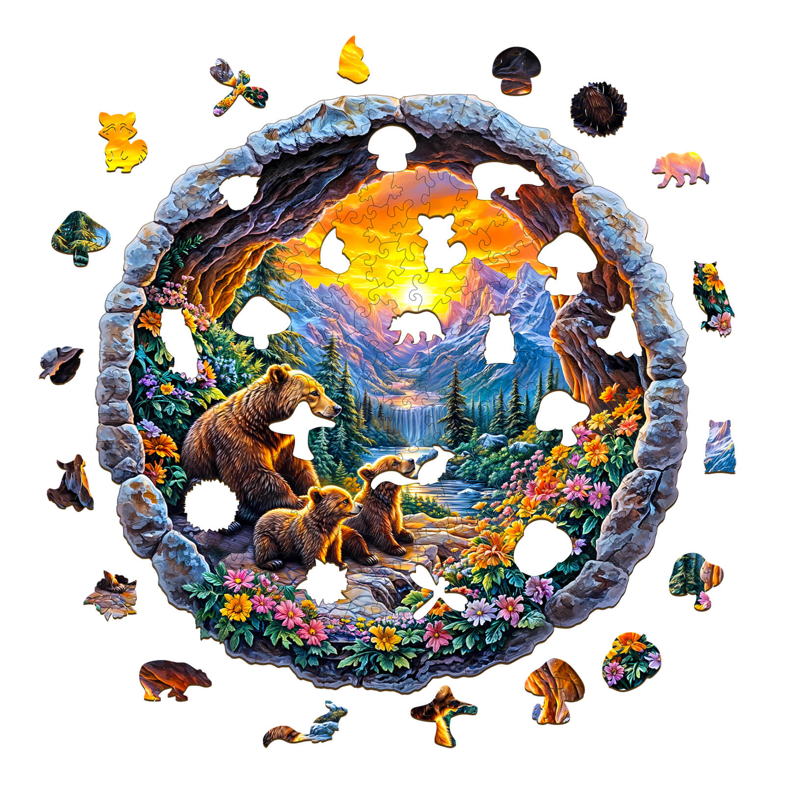 3D Bear's Journey wooden jigsaw puzzle featuring bears, vibrant nature scene, and colorful puzzle pieces.