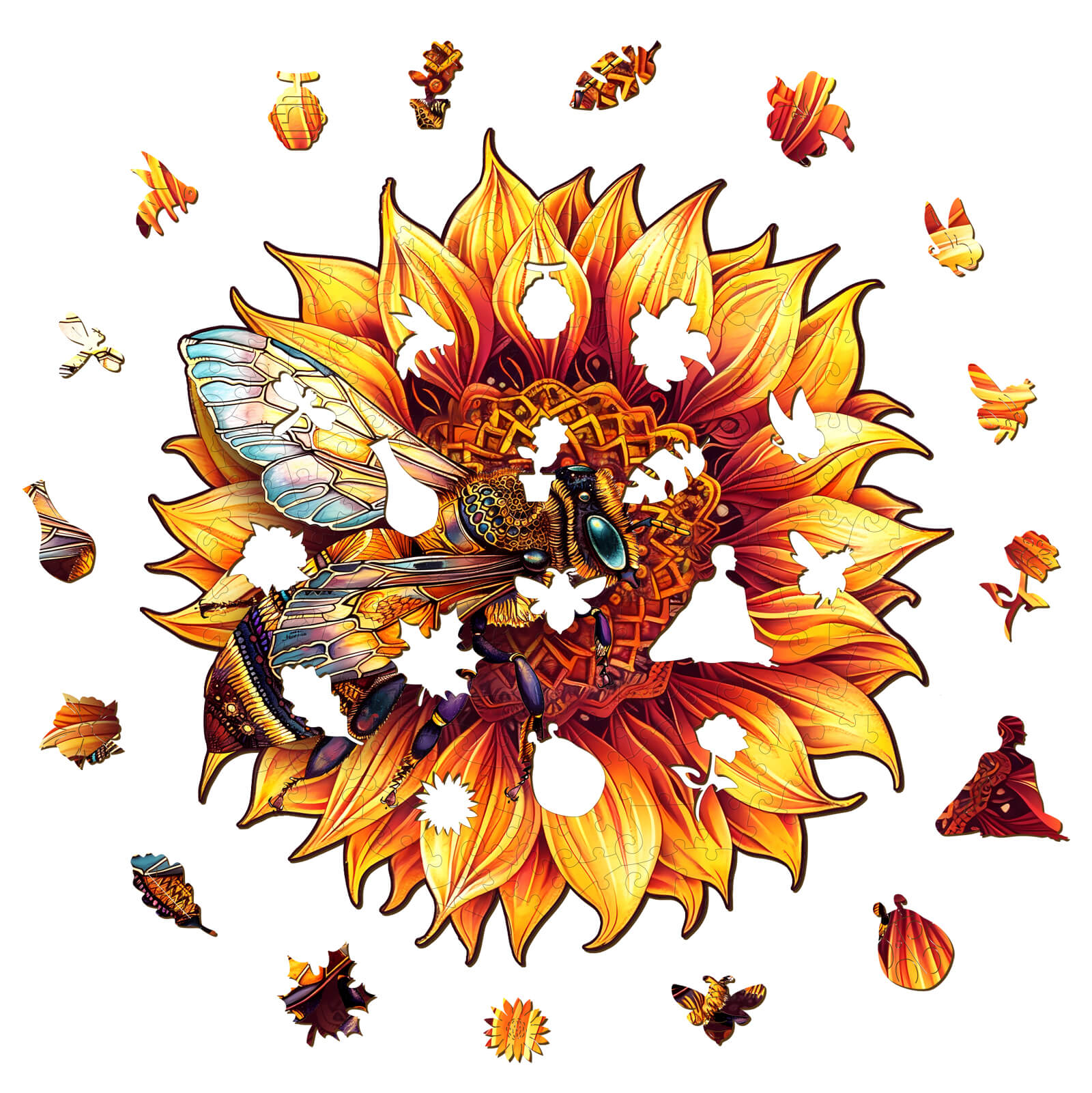 Bee and sunflower wooden jigsaw puzzle pieces scattered, promoting focus and mental agility through fun mind games.
