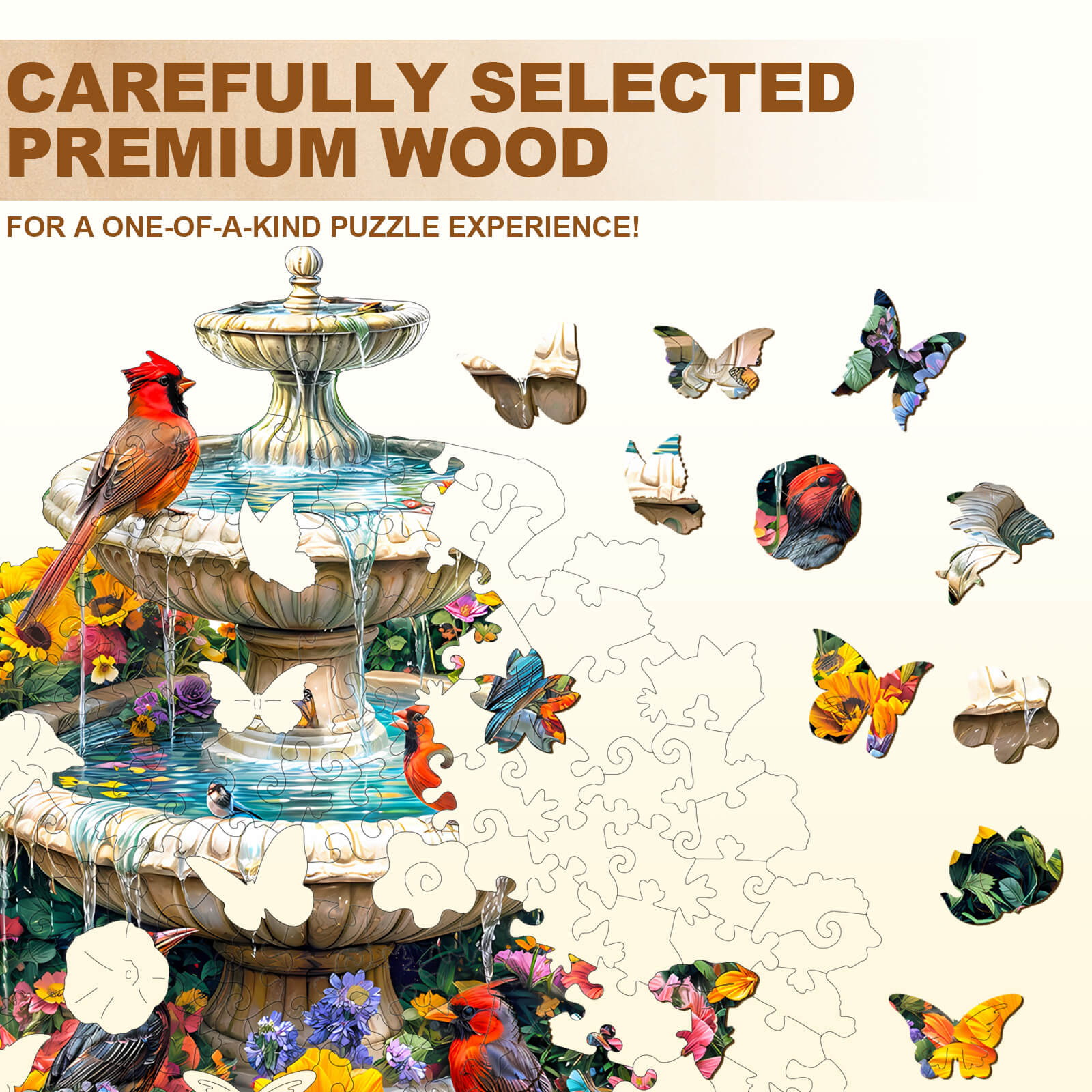 Garden Melody Wooden Jigsaw Puzzle showcasing premium wood with vibrant butterflies and a water fountain design.