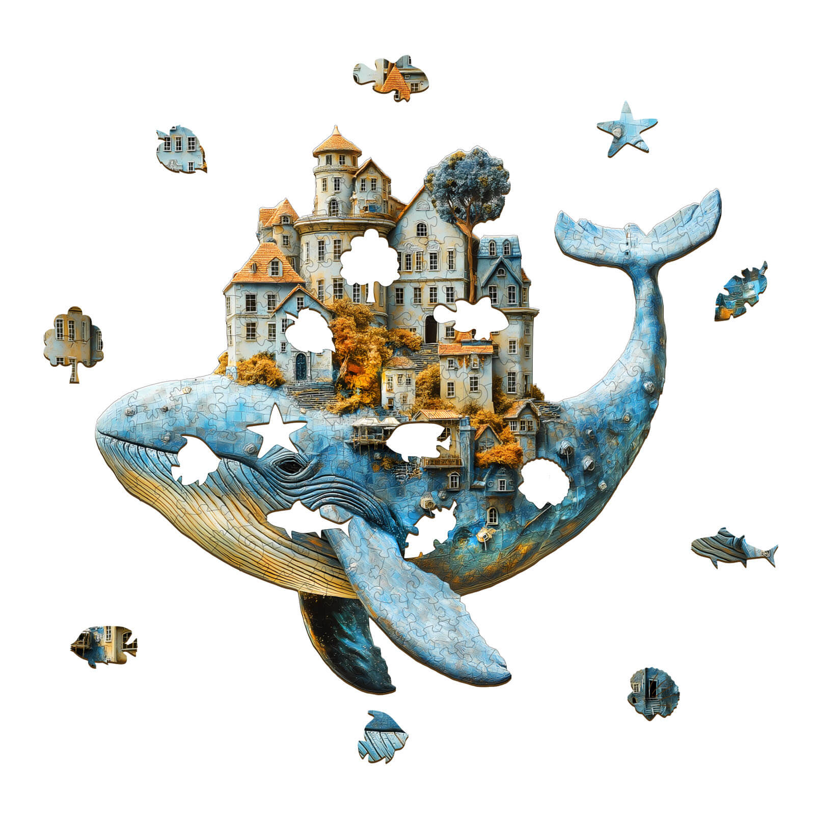 3D Whale City Wooden Jigsaw Puzzle featuring intricate whale design with houses and missing puzzle pieces.