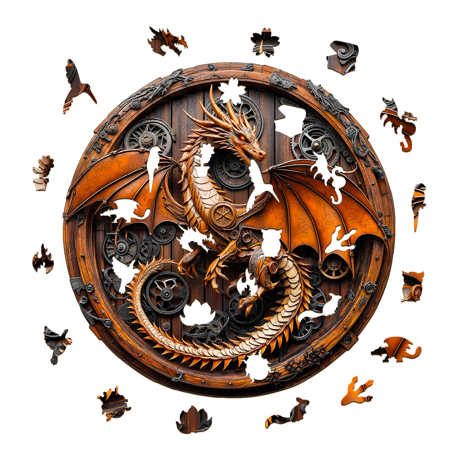 3D Mechanical Dragon-1 Wooden Jigsaw Puzzle with intricate dragon design and puzzle pieces against a white background.