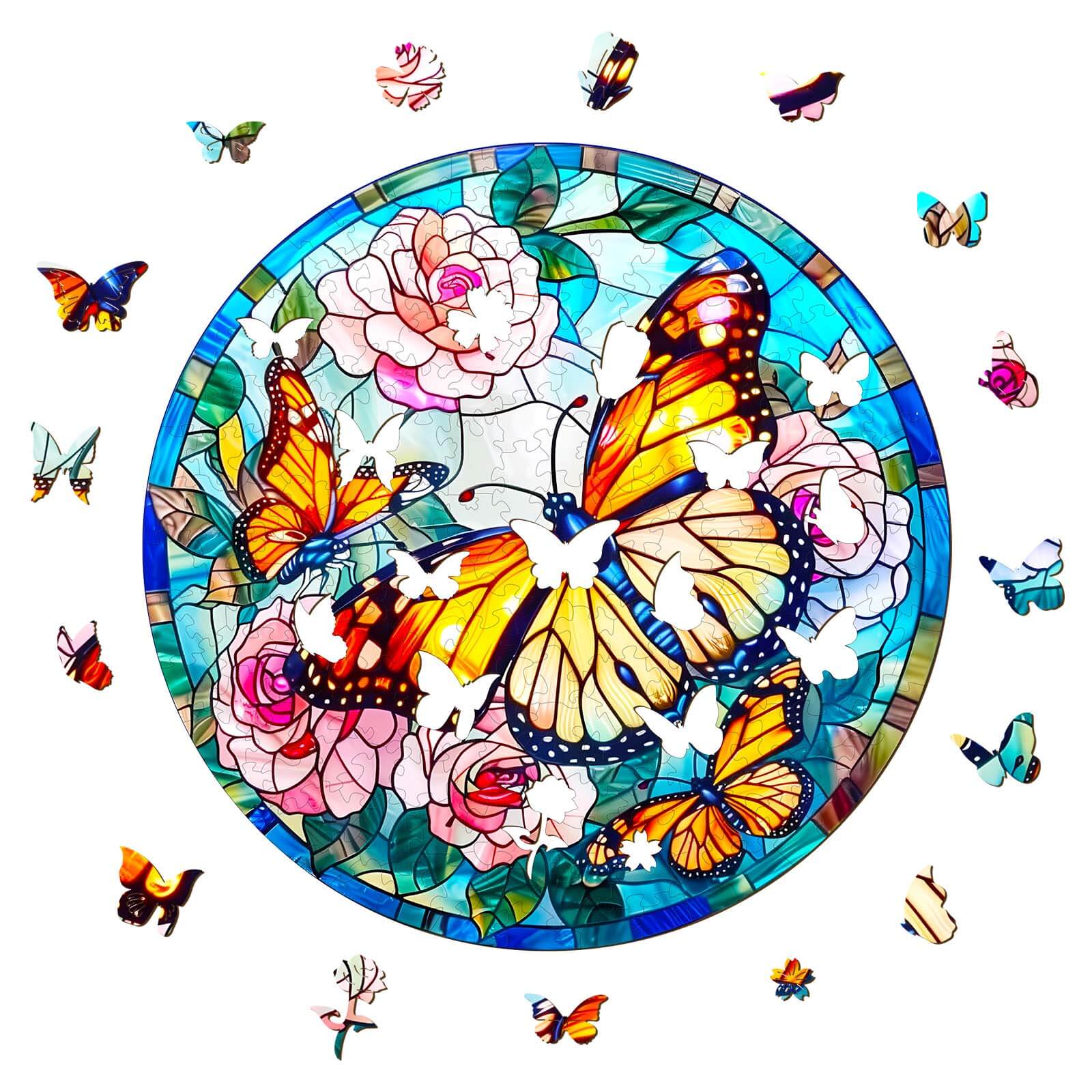 Stained Glass Butterfly Wooden Jigsaw Puzzle featuring colorful butterflies and flowers, ideal for mind engagement and focus.