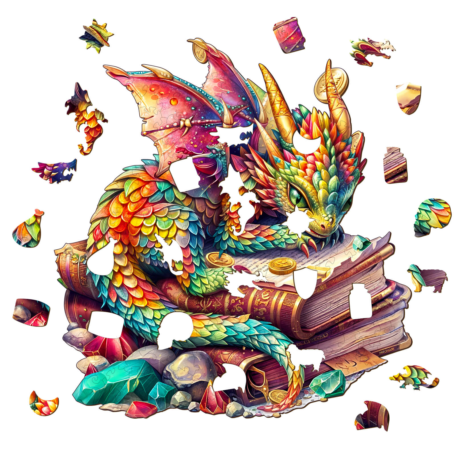 Jeweled Dragon Wooden Jigsaw Puzzle with vibrant colors, showcasing a dragon and book, perfect for mind games and focus.