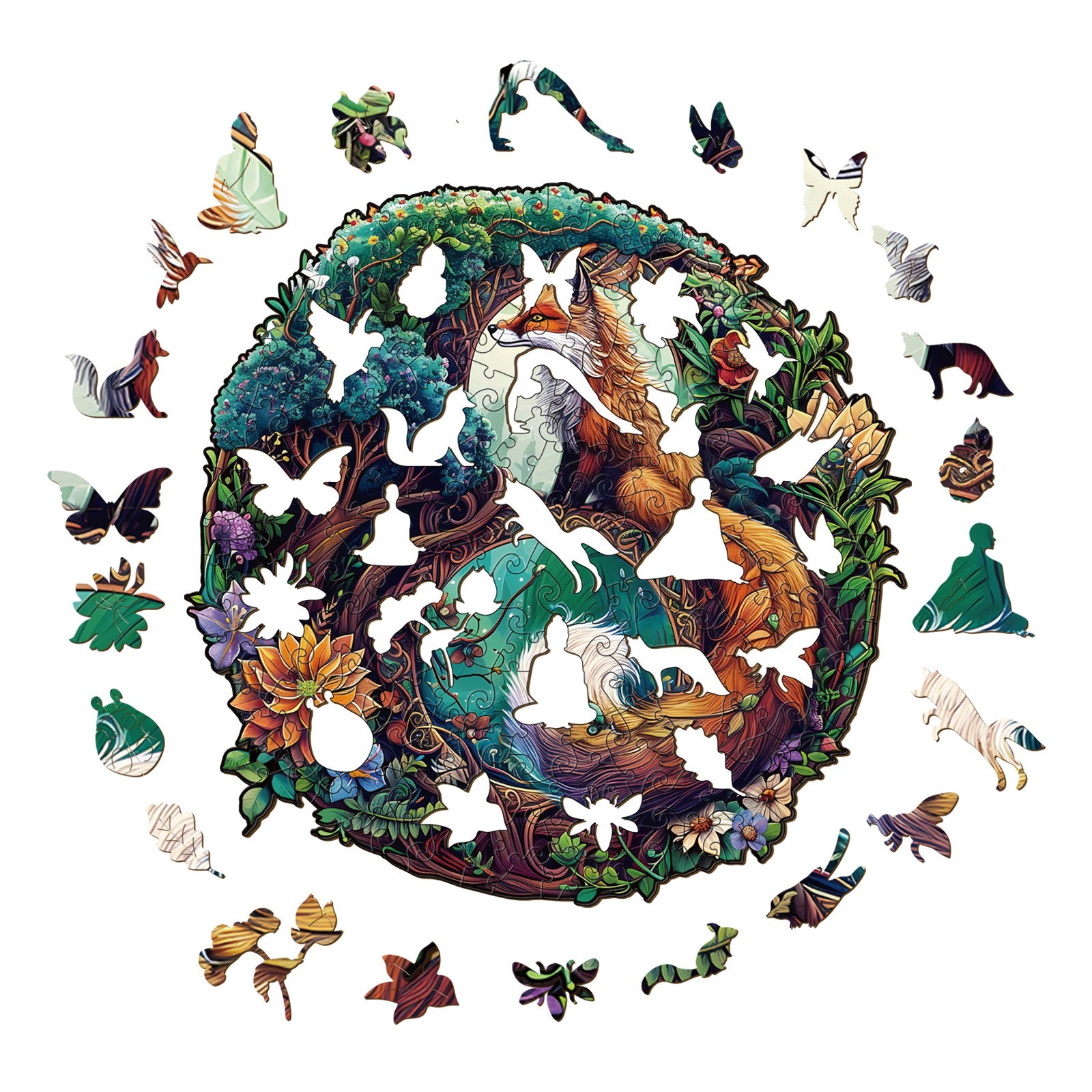 Yin Yang Fox-3 wooden jigsaw puzzle featuring intricate designs of nature and wildlife, promoting focus and mental engagement.