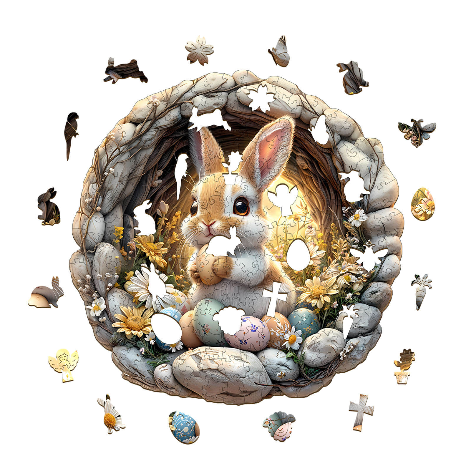 3D Cave Easter Bunny wooden jigsaw puzzle with colorful eggs and flowers, designed for mind games and focus.