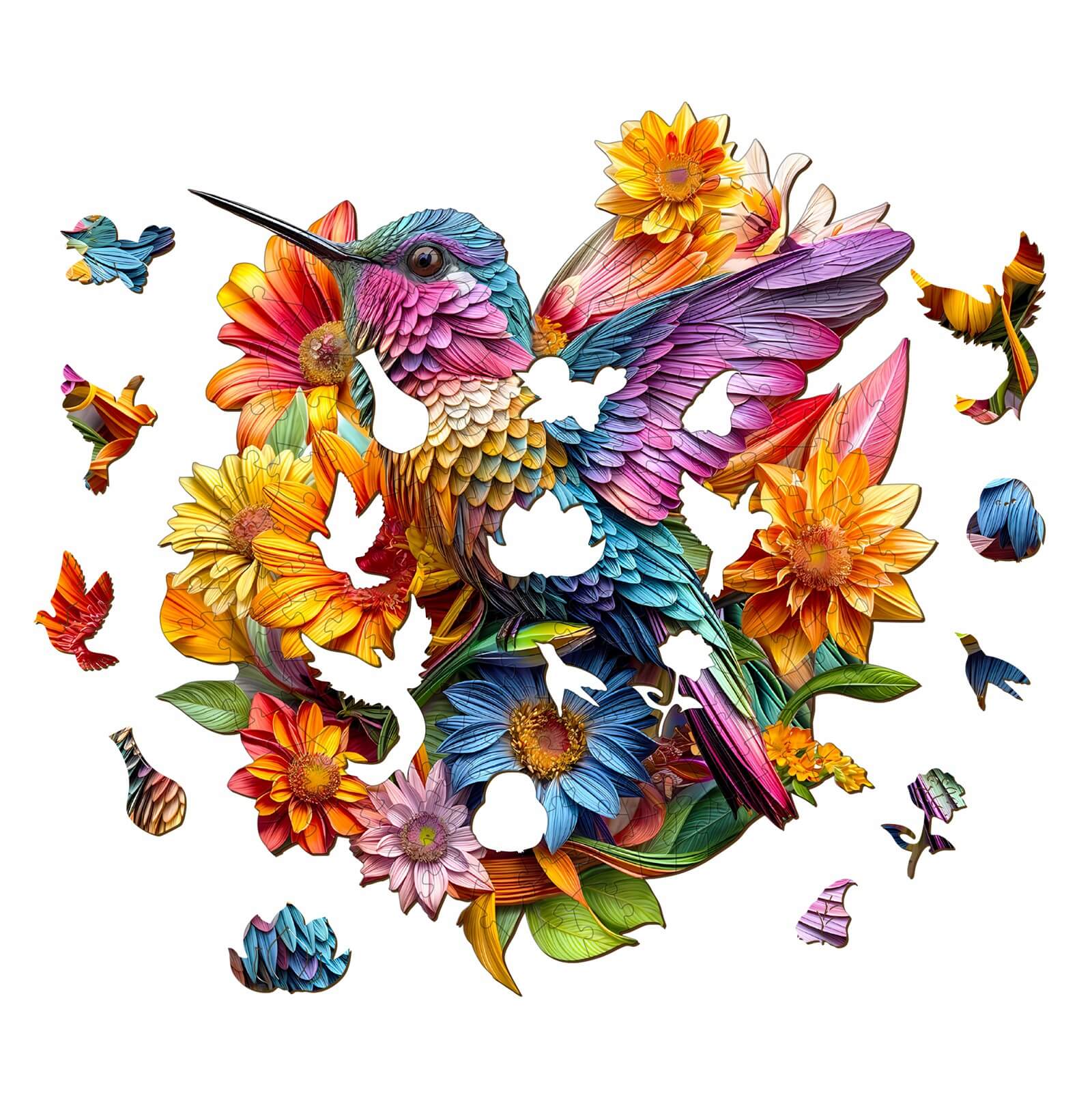Colorful wooden jigsaw puzzle of a hummingbird surrounded by vibrant flowers, designed for brain training and focus.