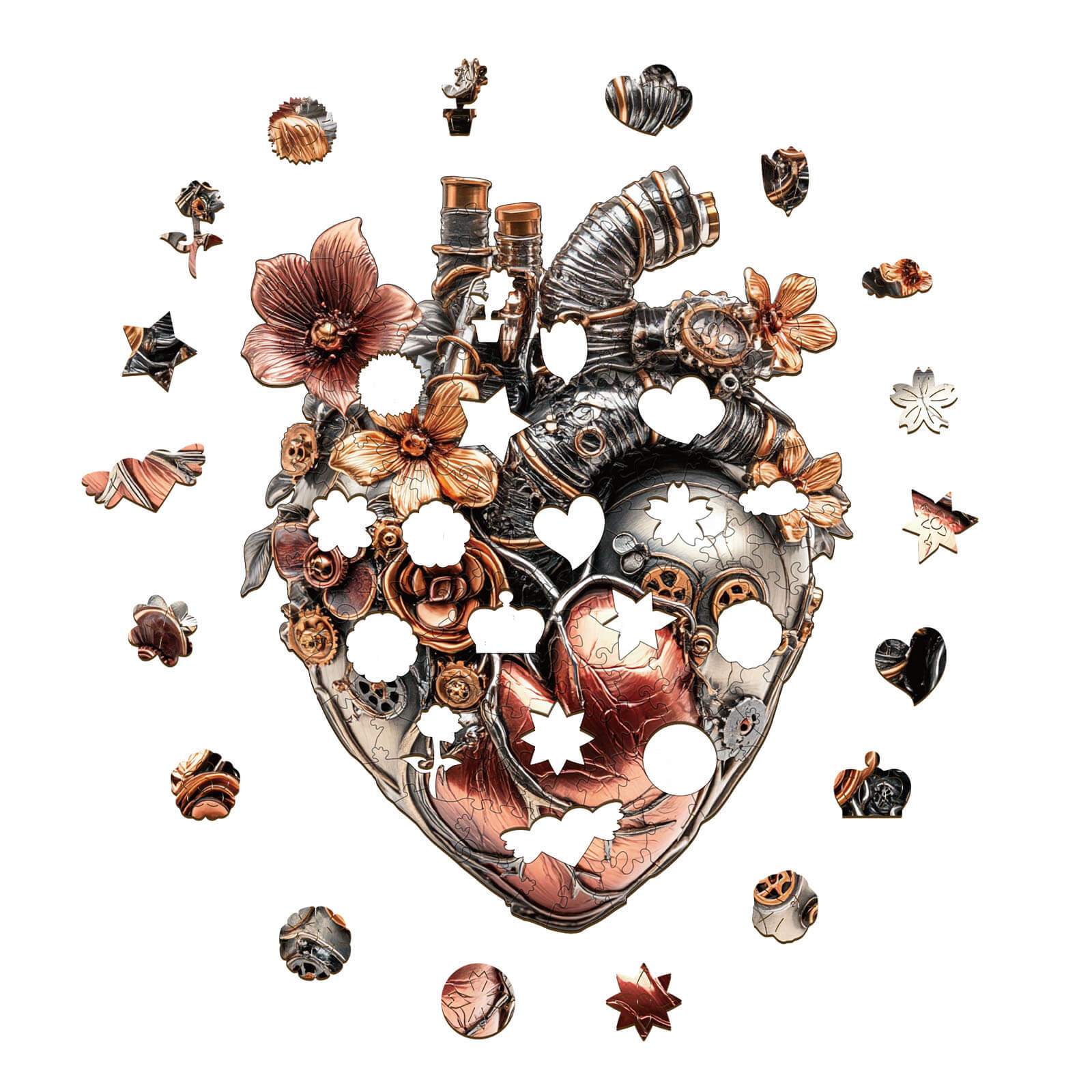 3D Mechanical Heart Wooden Jigsaw Puzzle pieces featuring intricate designs and vibrant colors for a captivating puzzle experience.