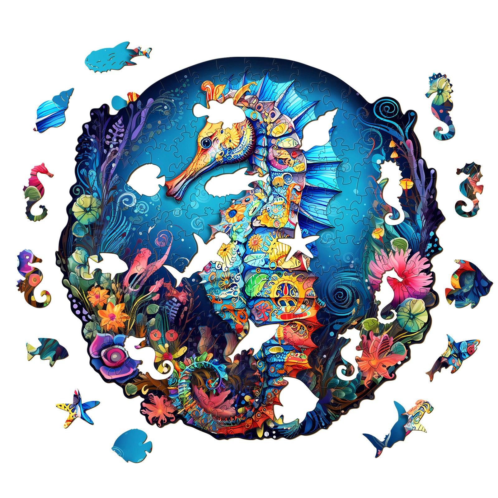 Vivid Seahorse-2 wooden jigsaw puzzle showcasing colorful marine life, perfect for 8 year olds.