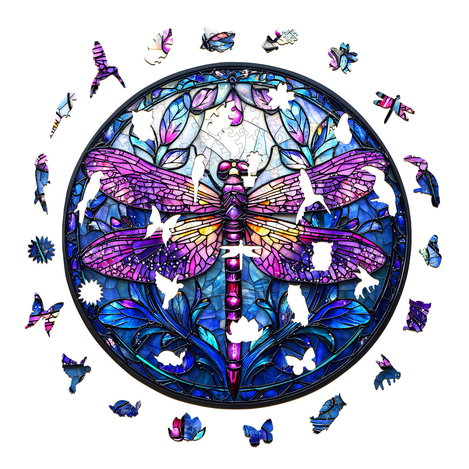 Sacred Dragonfly wooden jigsaw puzzle featuring colorful dragonfly and nature design, perfect for focused mind games.