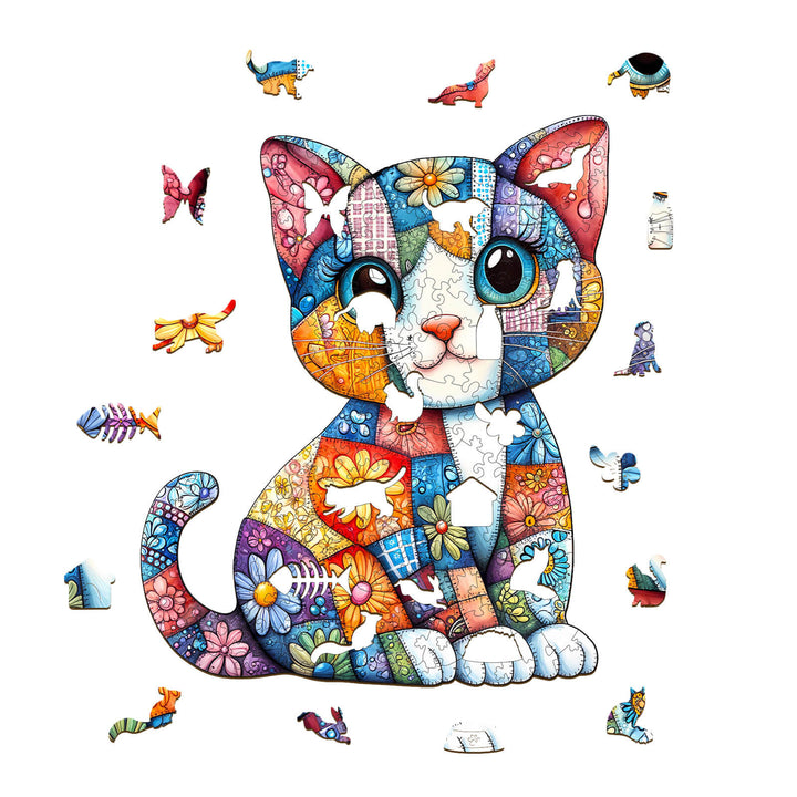 Patchwork Cat Wooden Jigsaw Puzzle - Woodbests