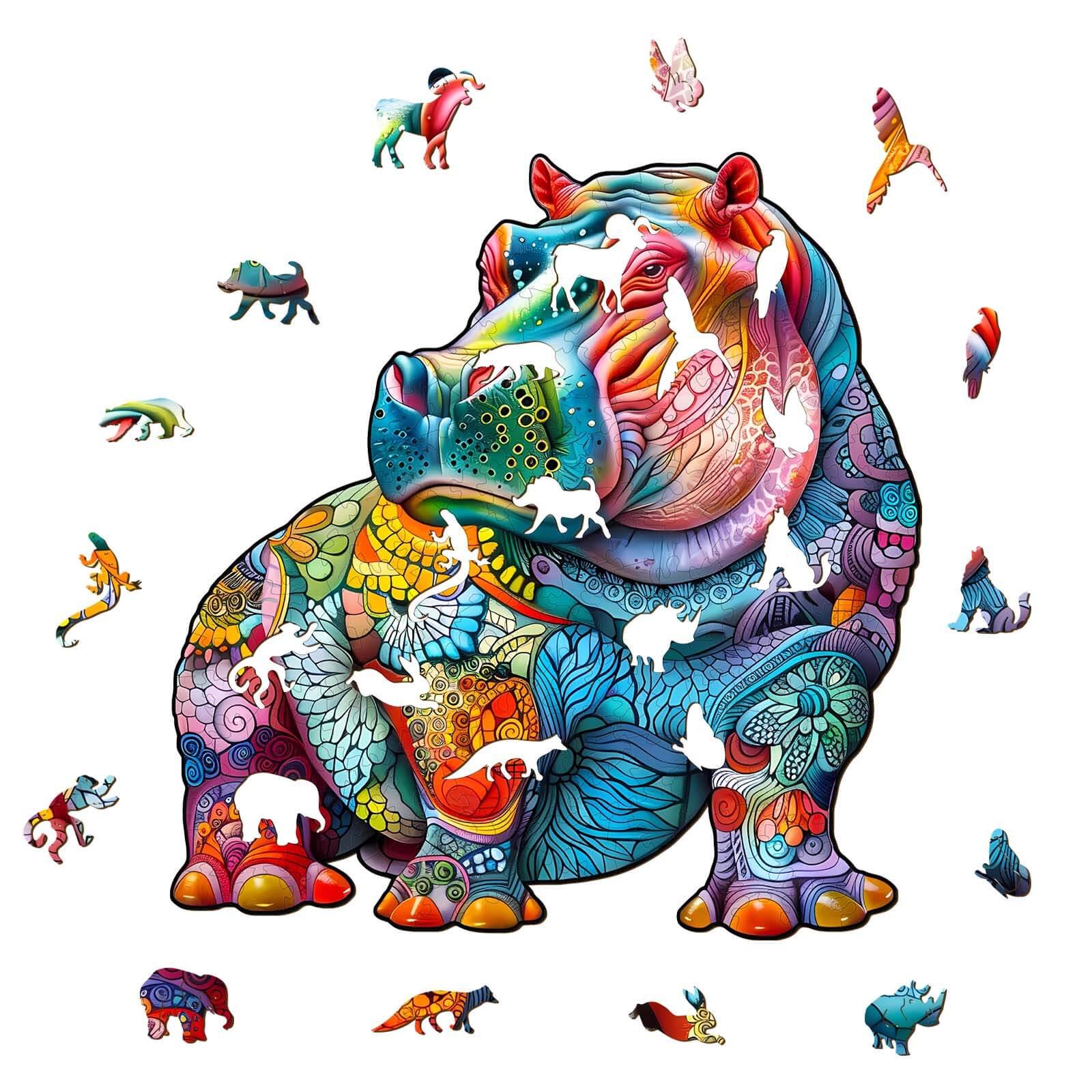 Colorful Hippopotamus wooden jigsaw puzzle with animal pieces for mind games and focus.