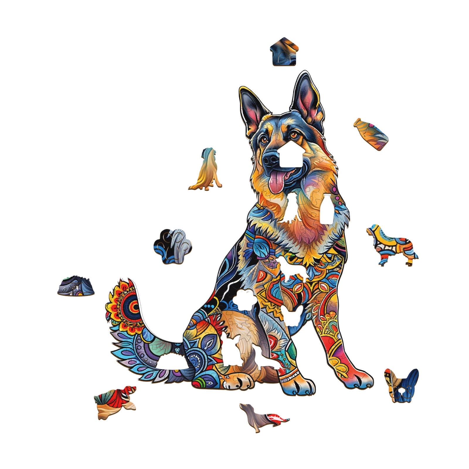 Colorful German Shepherd wooden jigsaw puzzle pieces showcasing an artistic dog design perfect for brain games.