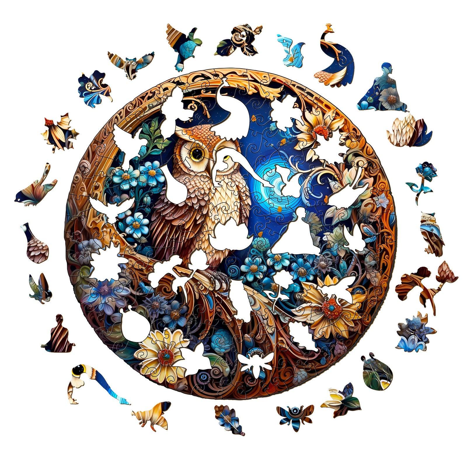 Moonlight Owl Wooden Jigsaw Puzzle pieces featuring intricate owl design and vibrant colors.
