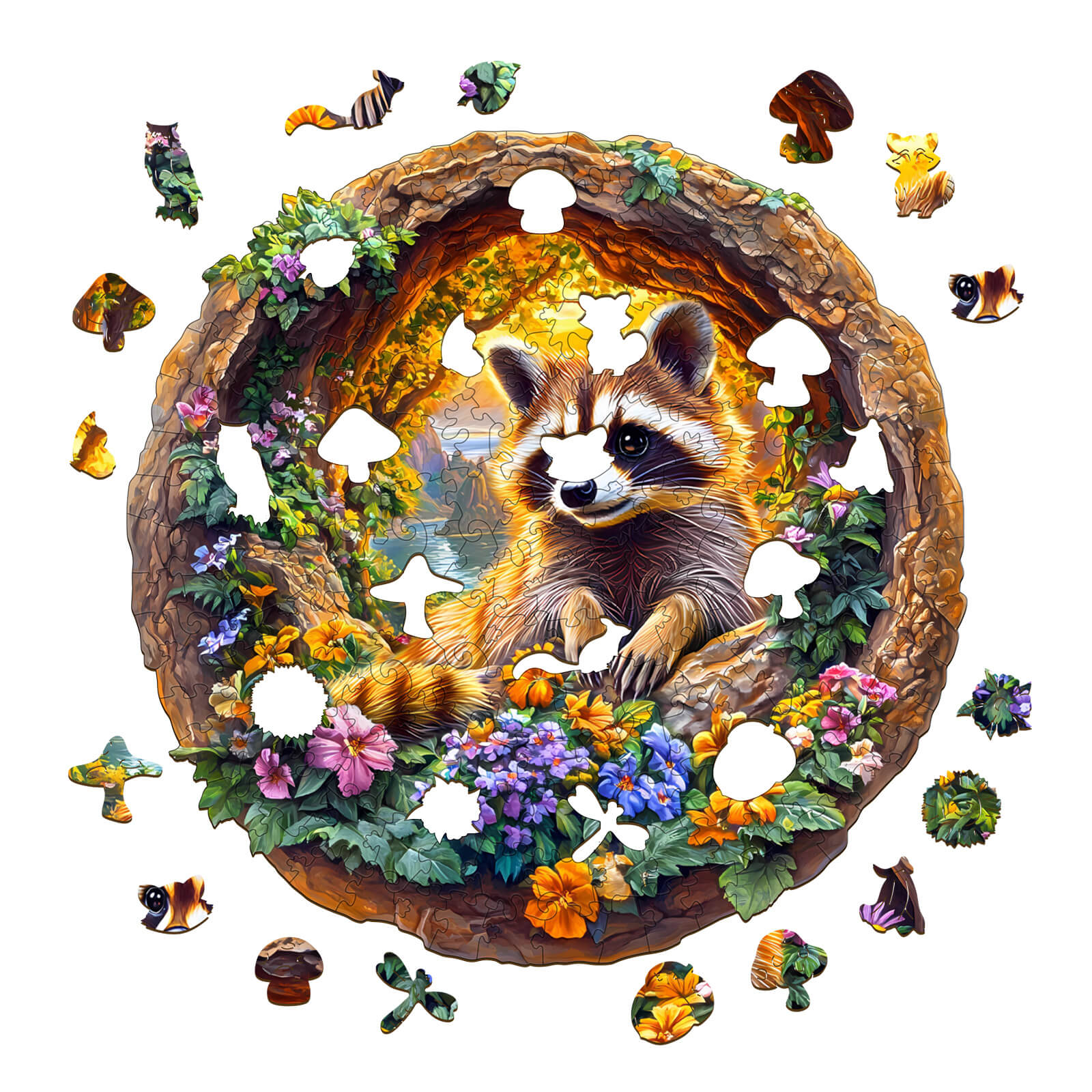 3D Raccoon on Vacation wooden jigsaw puzzle, featuring a raccoon among vibrant flowers and woodland creatures.
