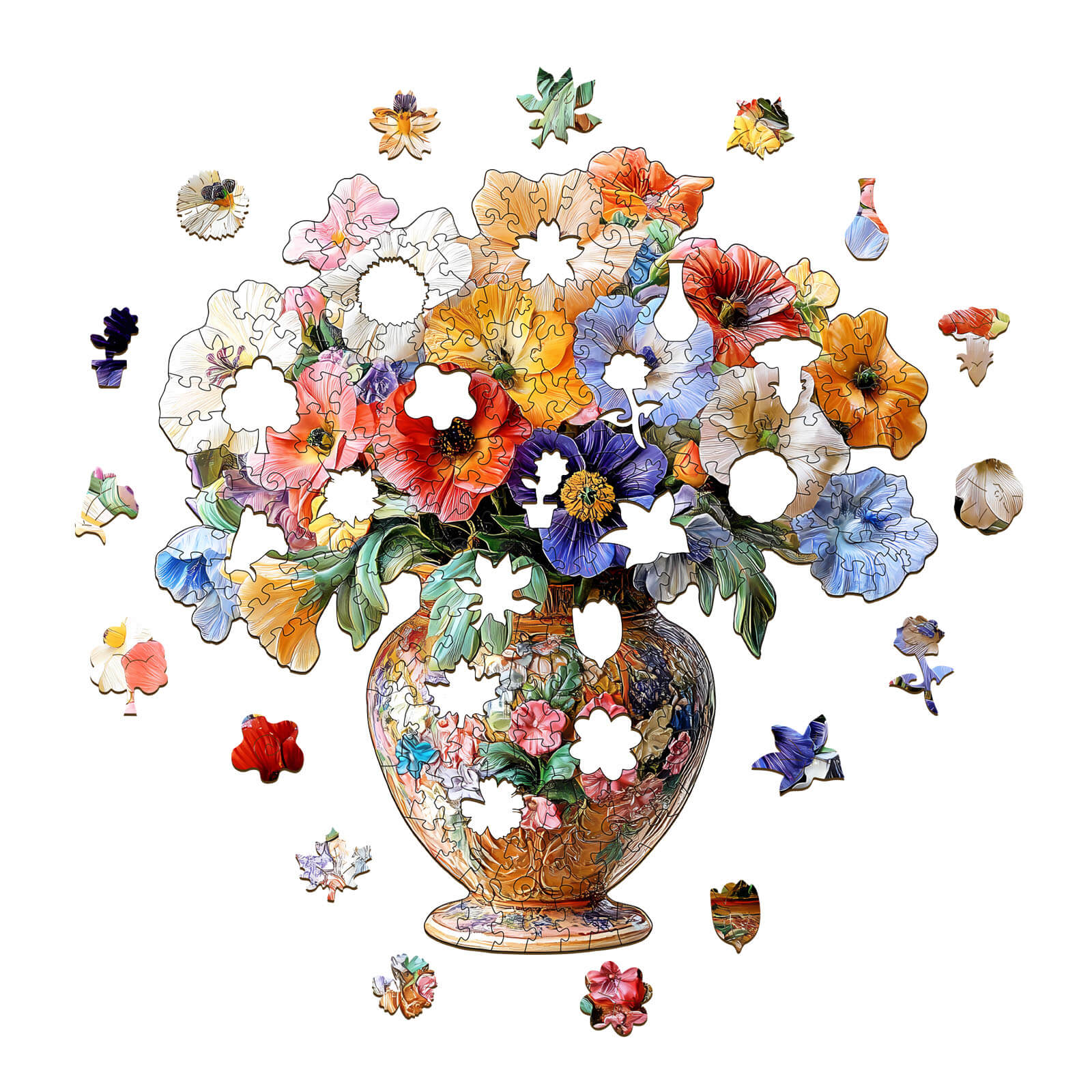 3D Vintage flower jigsaw puzzle showcasing colorful flowers in a vase with some pieces missing, promoting focus and cognitive skills.