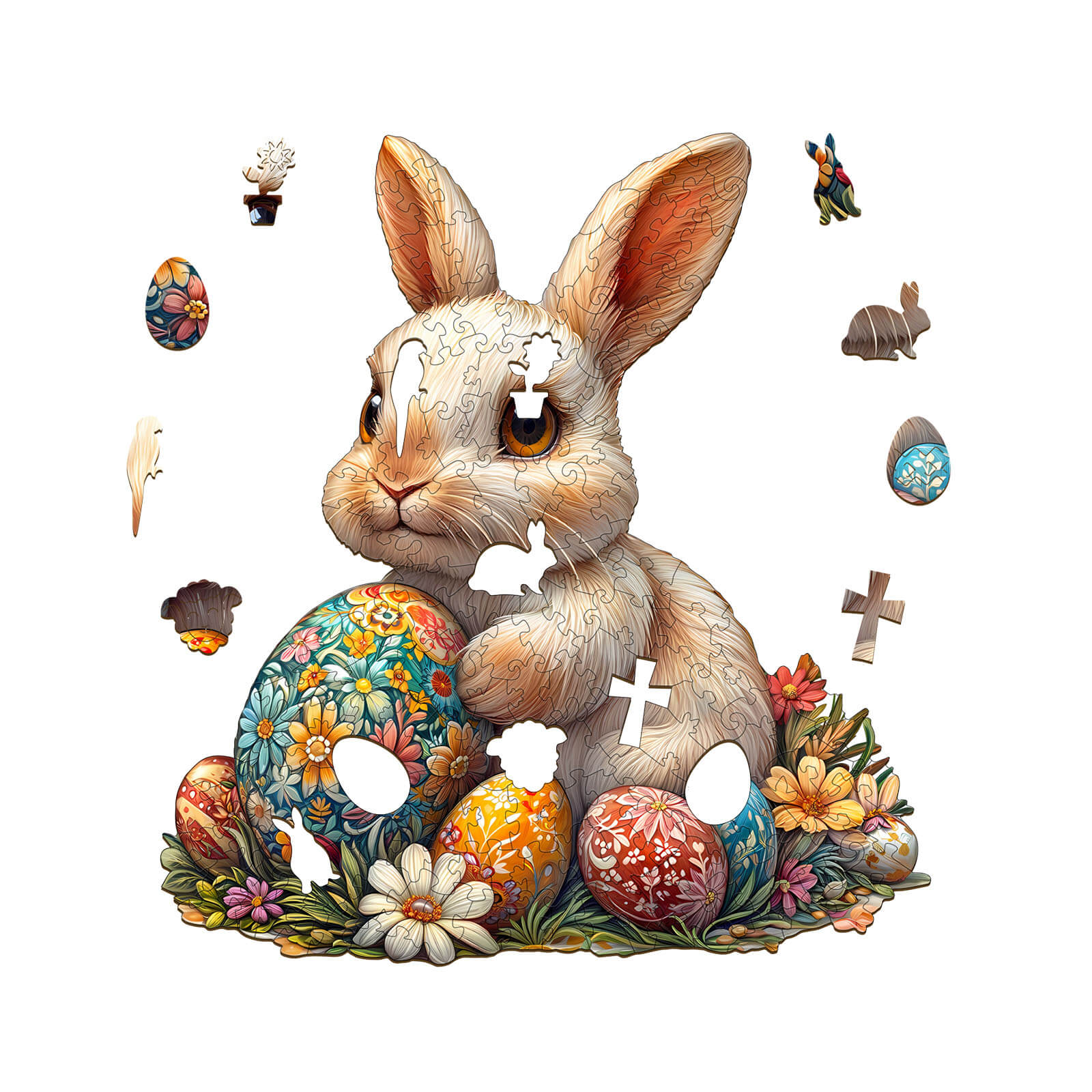 3D Wonderful Easter Bunny Jigsaw Puzzle showcasing a fluffy rabbit with Easter eggs and flowers.